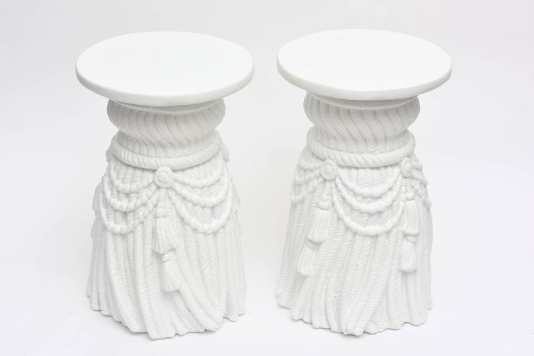 Late 20th Century Plaster of Paris White Draped Tassle Sculptural Side Tables John Dickinson Style For Sale