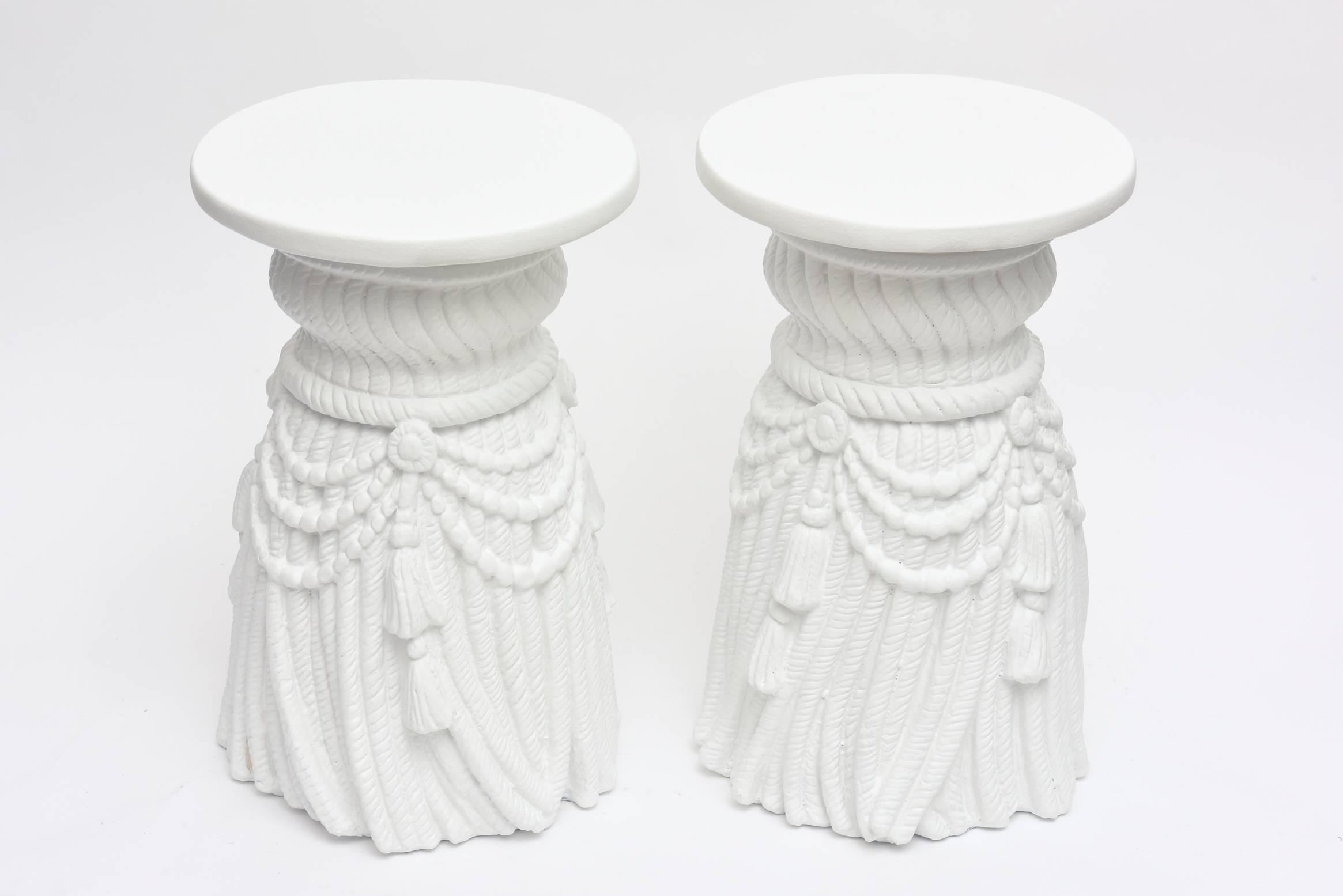 Organic Modern Plaster of Paris White Draped Tassle Sculptural Side Tables John Dickinson Style