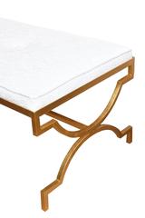 Vintage Tommi Parzinger Gold Leaf Over Iron Upholstered White Velvet Bench MCM