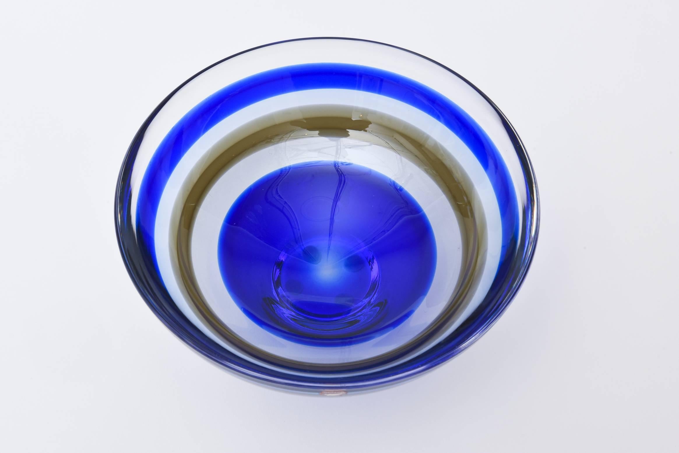 orrefors crystal bowl blue stripes