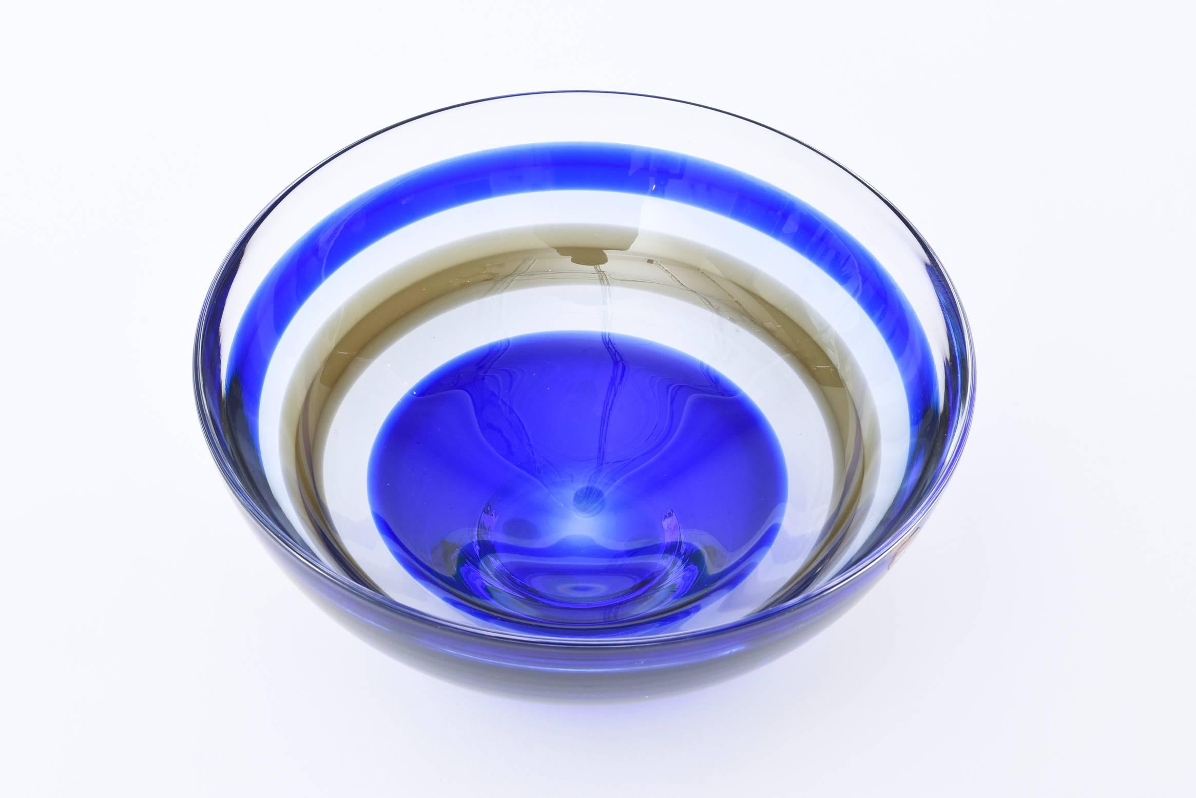 Swedish Orrefors Cobalt Blue and Brown Striped Crystal Glass Bowl Signed Vintage