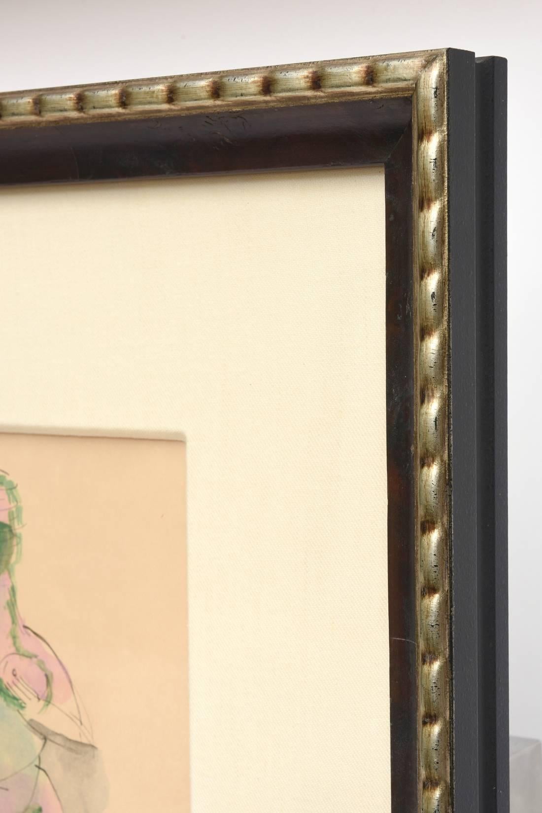 This vintage signed original one of a kind watercolor by Chamberlain and dated 1960 has a real sensuality to it. This has been tastefully and beautifully museum reframed with a deep cut bevel mat and a custom silver leaf and stained black wood
