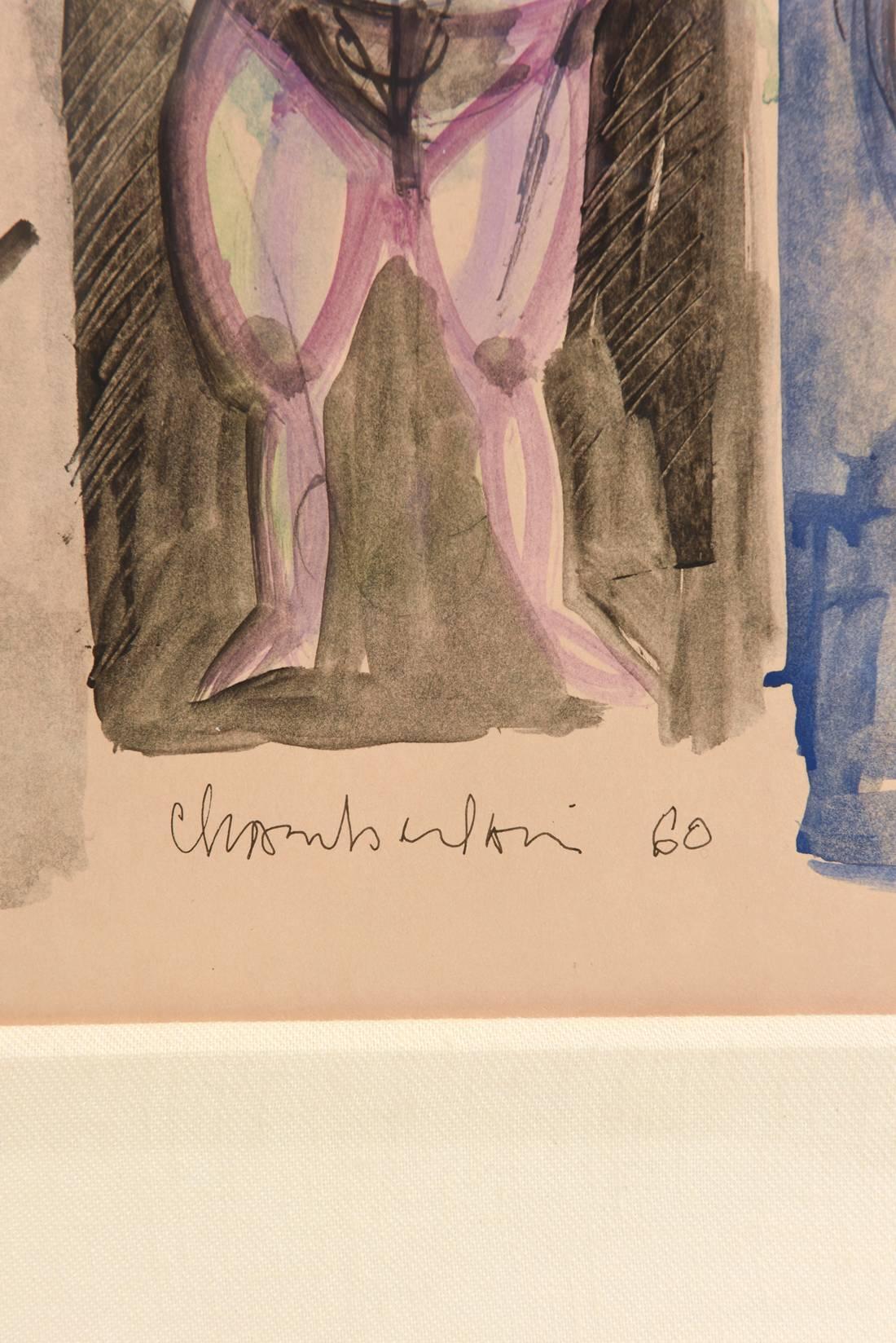 Aquarelle signée Chamberlain, encadrée pour un musée moderne du milieu du siècle dernier en vente 1