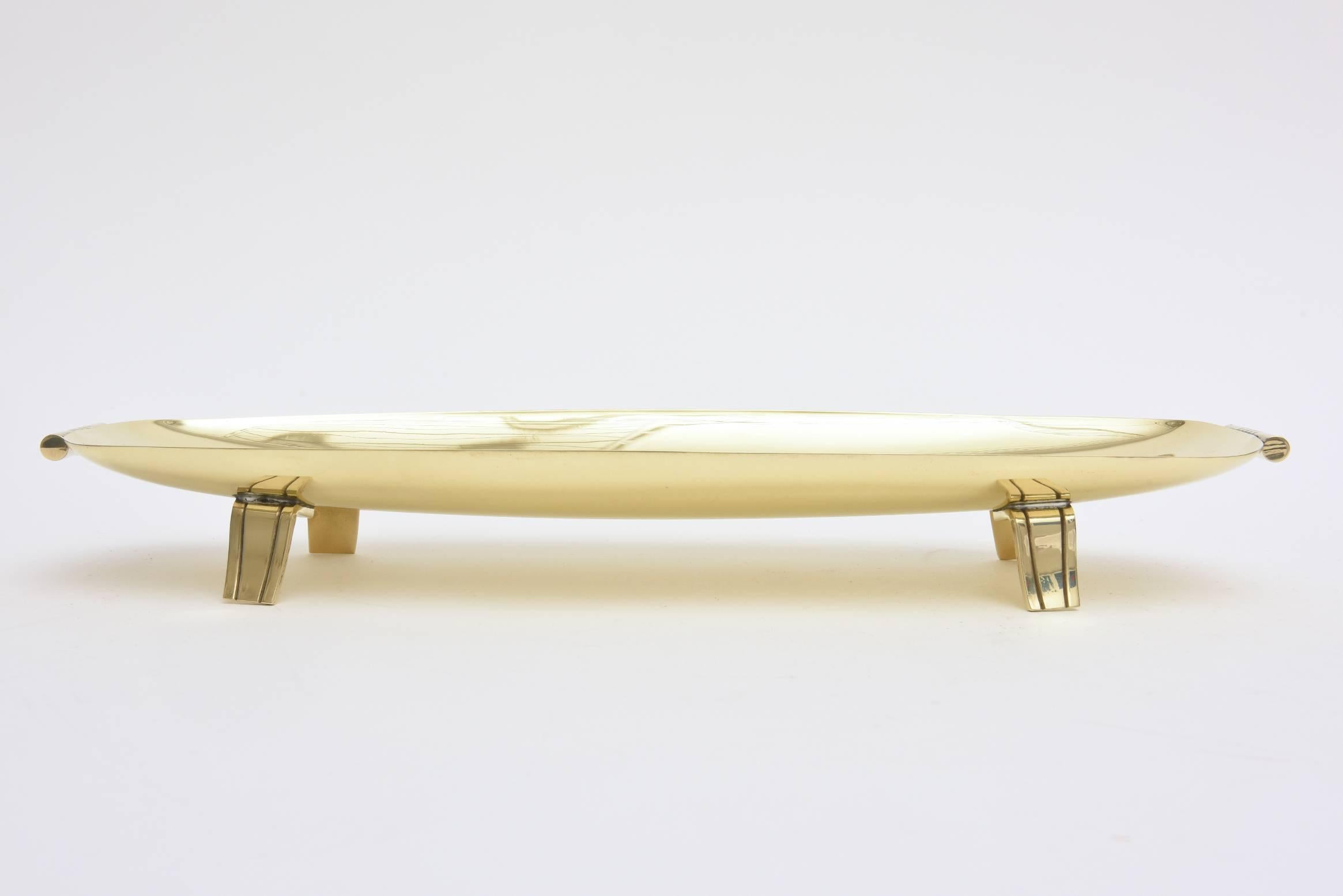 American Tommi Parzinger Brass Footed Rectangular Bowl or Tray Mid-Century Modern