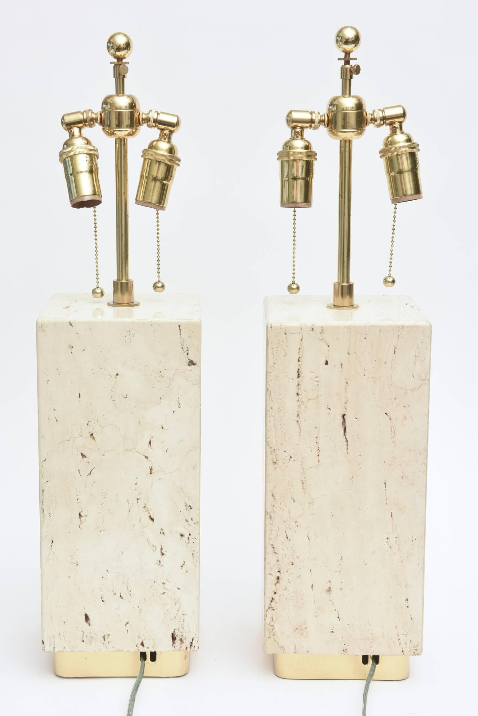 Pair of Vintage Travertine and Brass Lamps 2