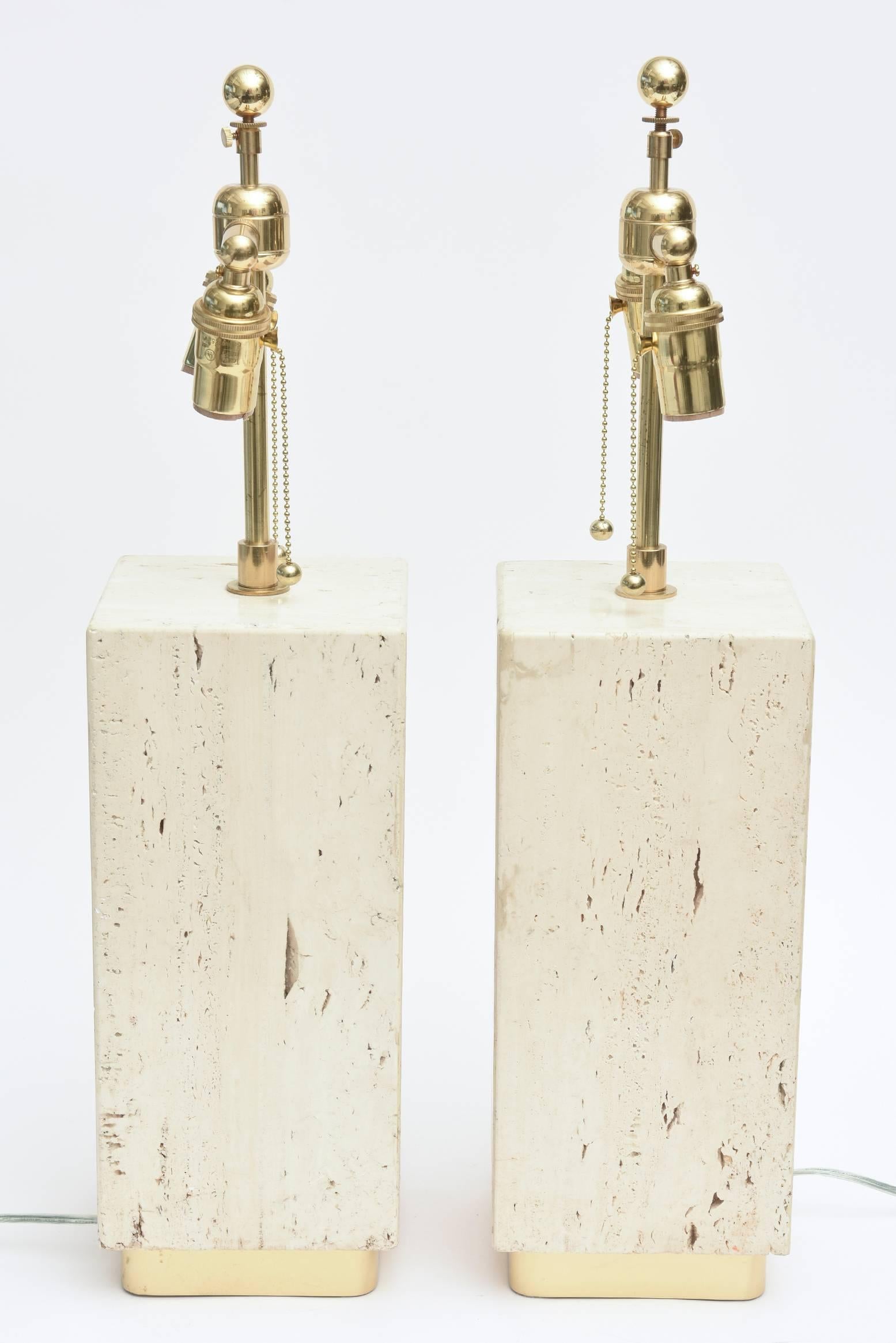 Pair of Vintage Travertine and Brass Lamps 1