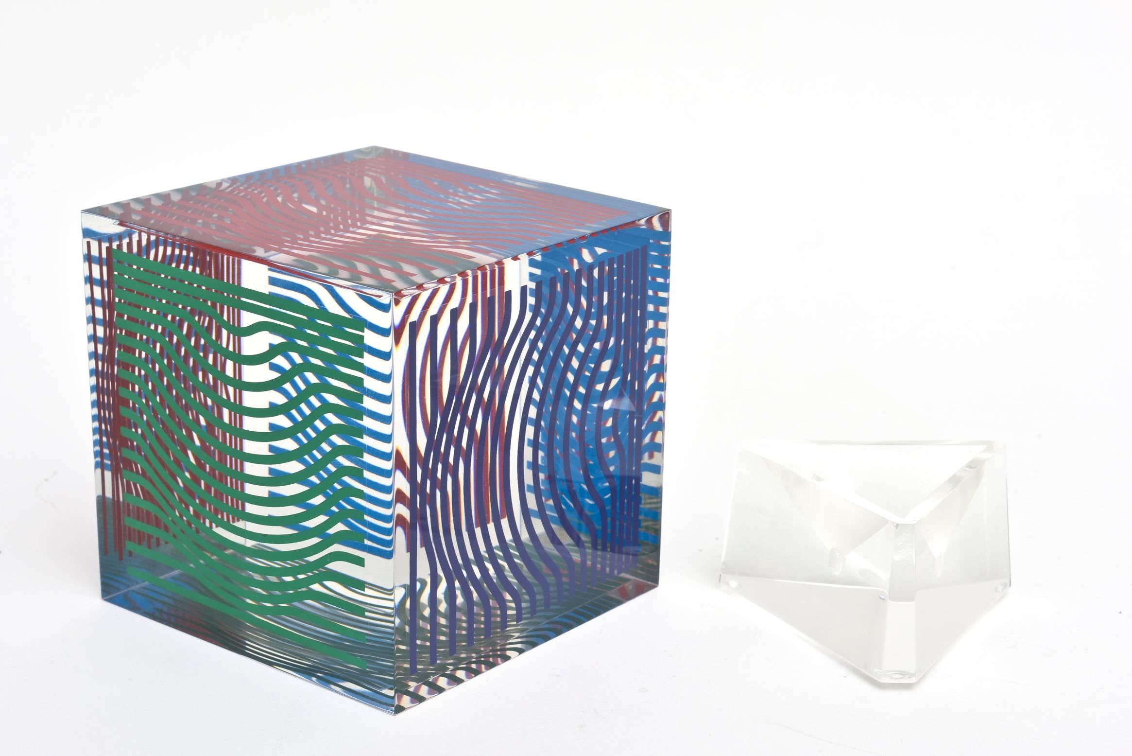 French Victor Vasarely Vintage Op Art Acrylic Cube Graphic Sculpture Desk Accessory For Sale