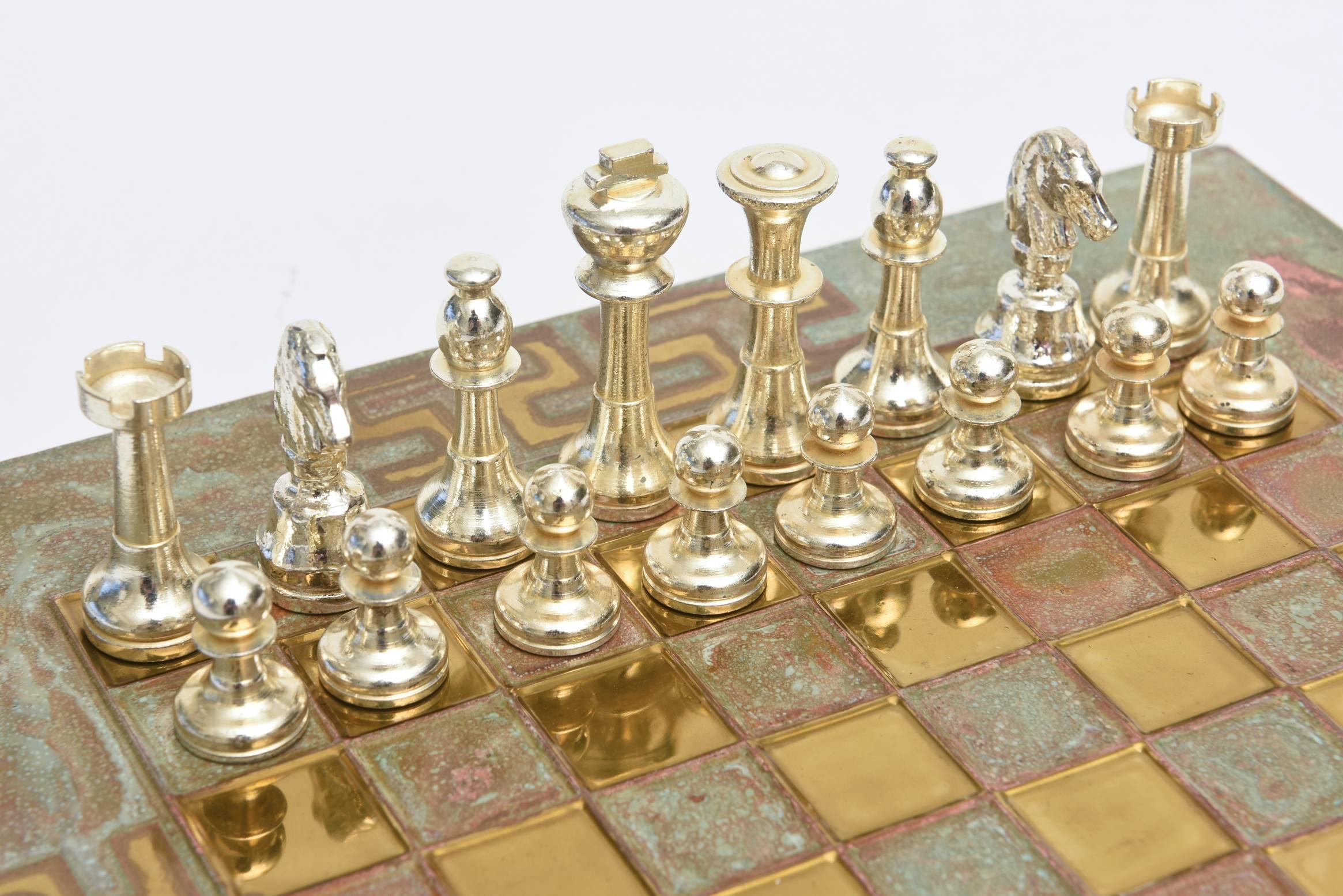 Mid-20th Century  Greek Key Mid-Century Modern Chrome, Brass & Copper Chess Set /SALE