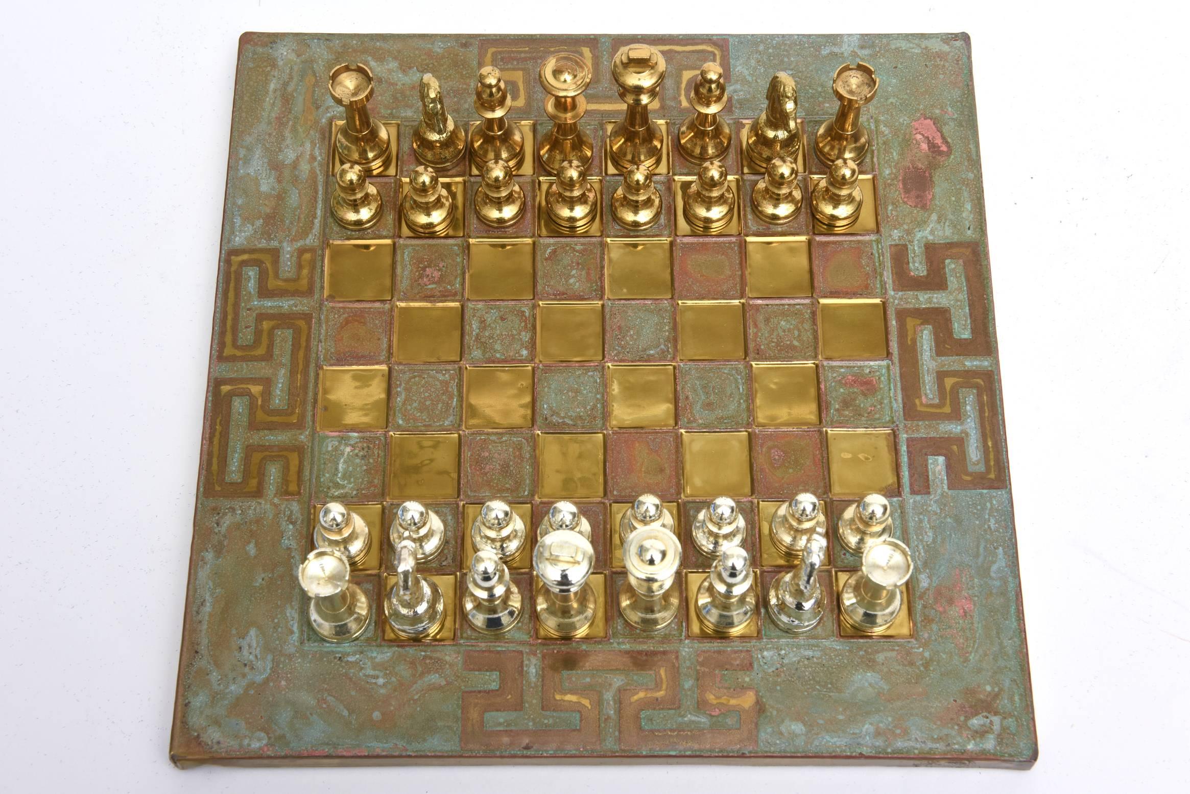  Greek Key Mid-Century Modern Chrome, Brass & Copper Chess Set /SALE 2