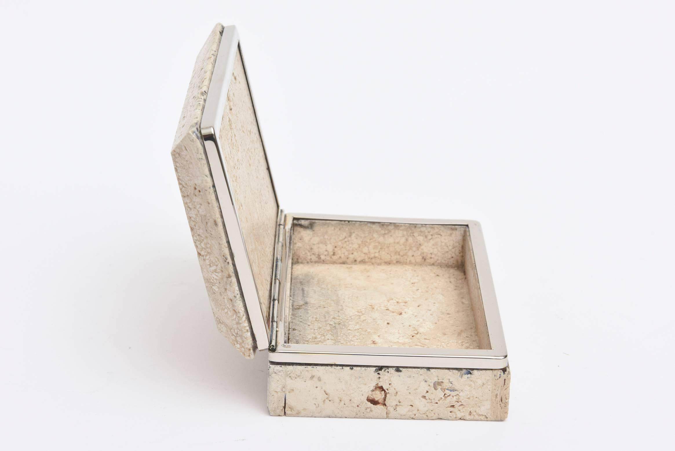 Travertine Stone and Nickel Silver Hinged Box Italian Vintage 1