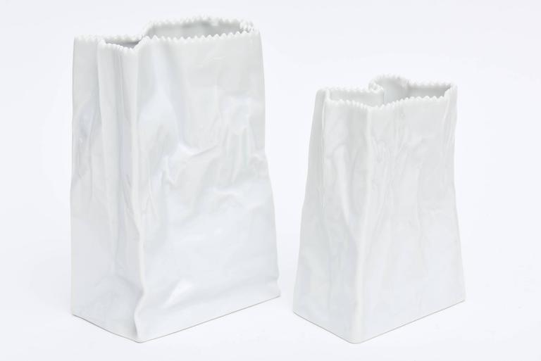 Pair Of Rosenthal Crushed Crinkled White Glazed Porcelain Bags