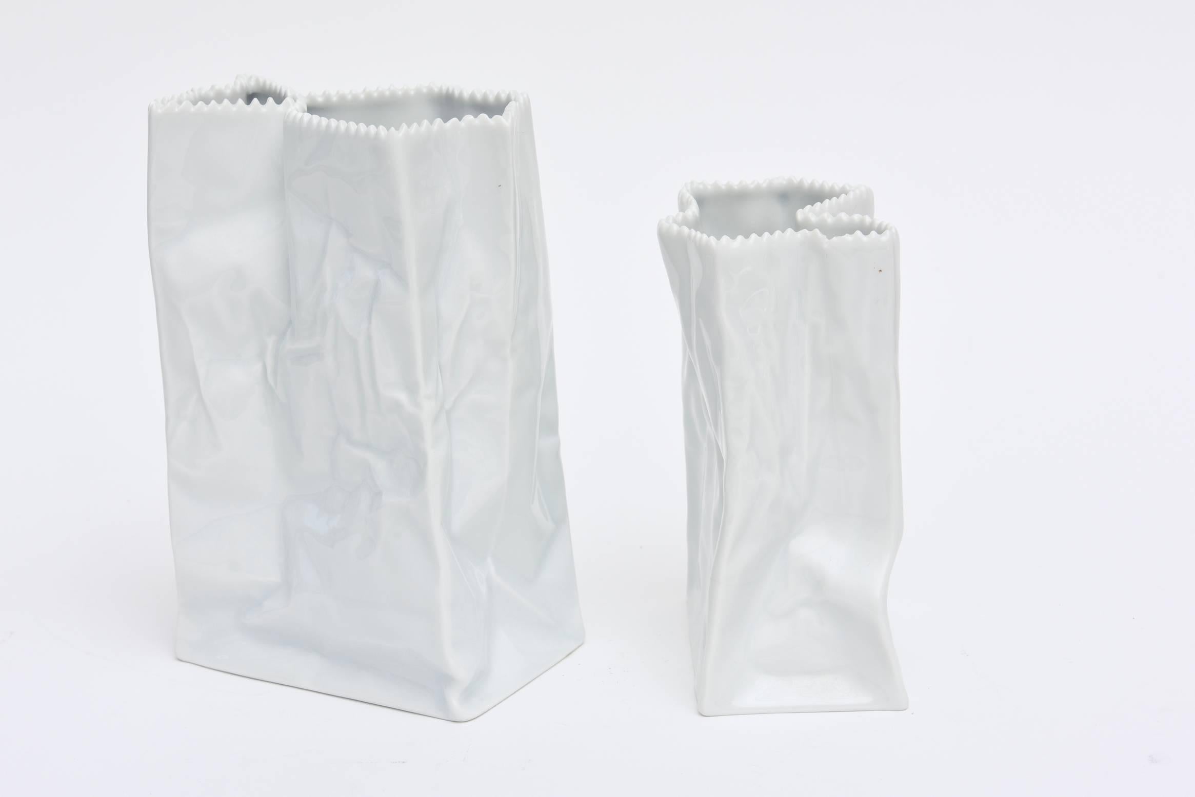 Pair of Rosenthal Crushed/ Crinkled White Glazed Porcelain Bags/ Vases/ Vessels In Excellent Condition In North Miami, FL