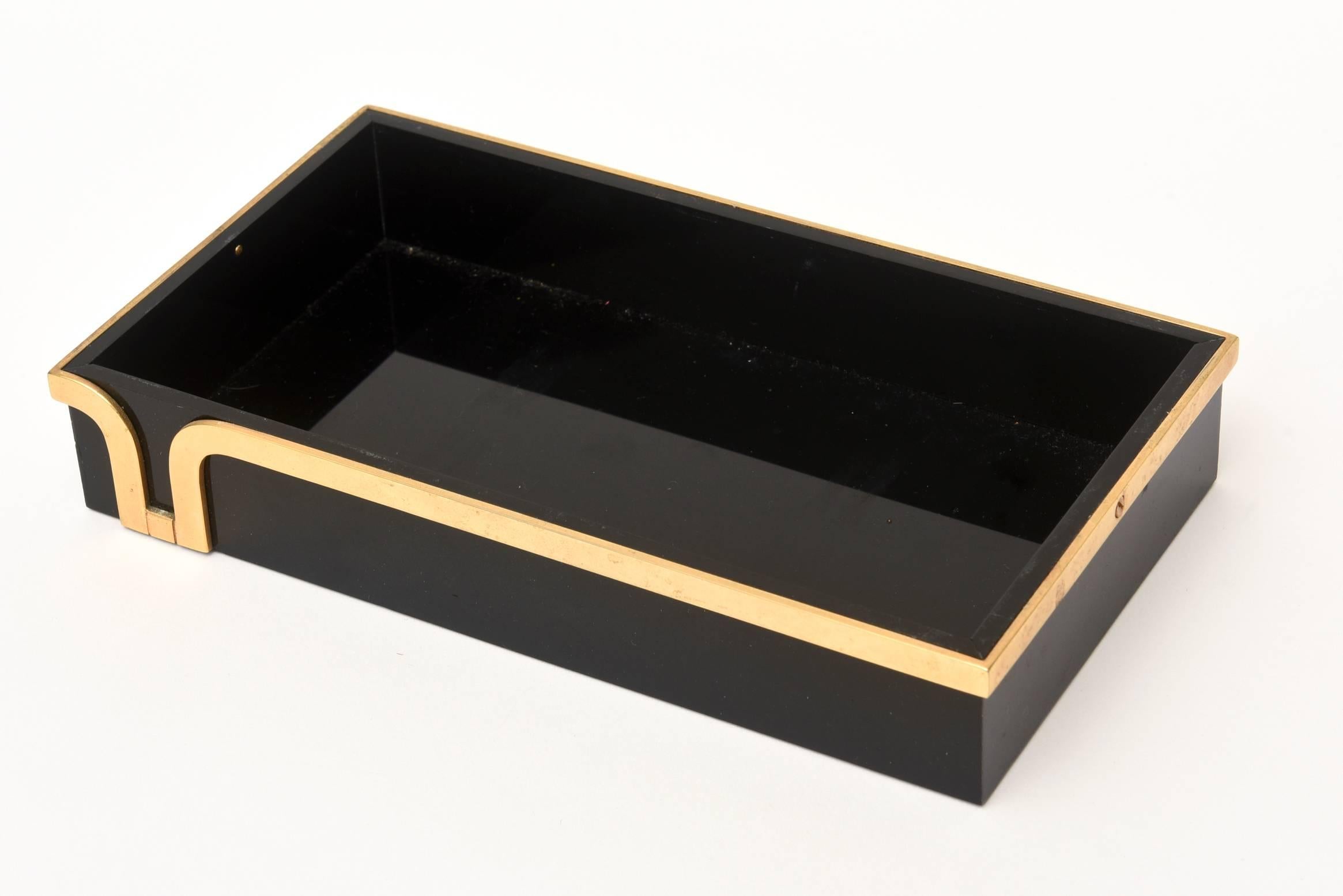 Late 20th Century Black Lucite and Brass Two-Part Modernist Box