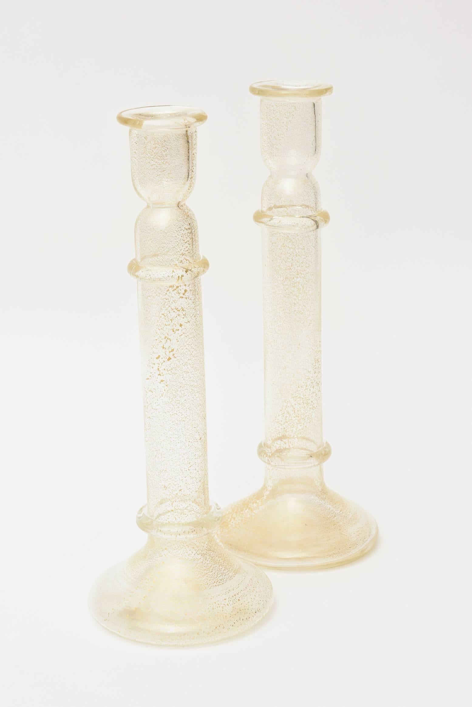 Organic Modern Pair of Murano Barovier e Toso Gold Aventurine Glass Candlesticks 