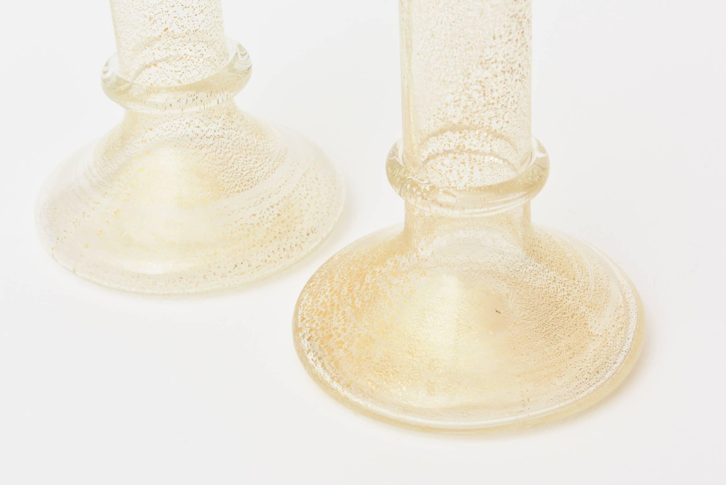 Pair of Murano Barovier e Toso Gold Aventurine Glass Candlesticks 2