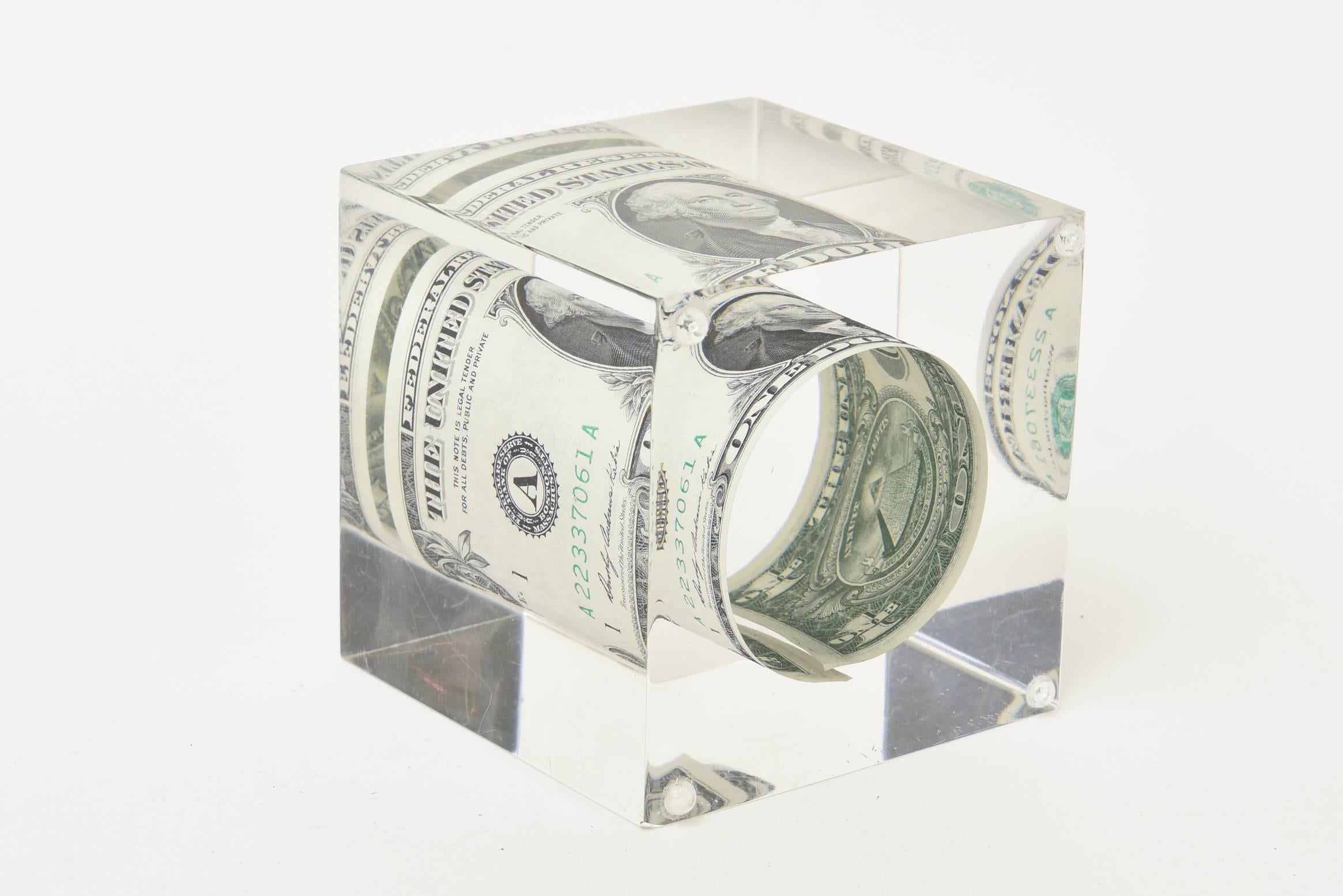Late 20th Century Dollar Bill Lucite Sculpture Or Paperweight Vintage