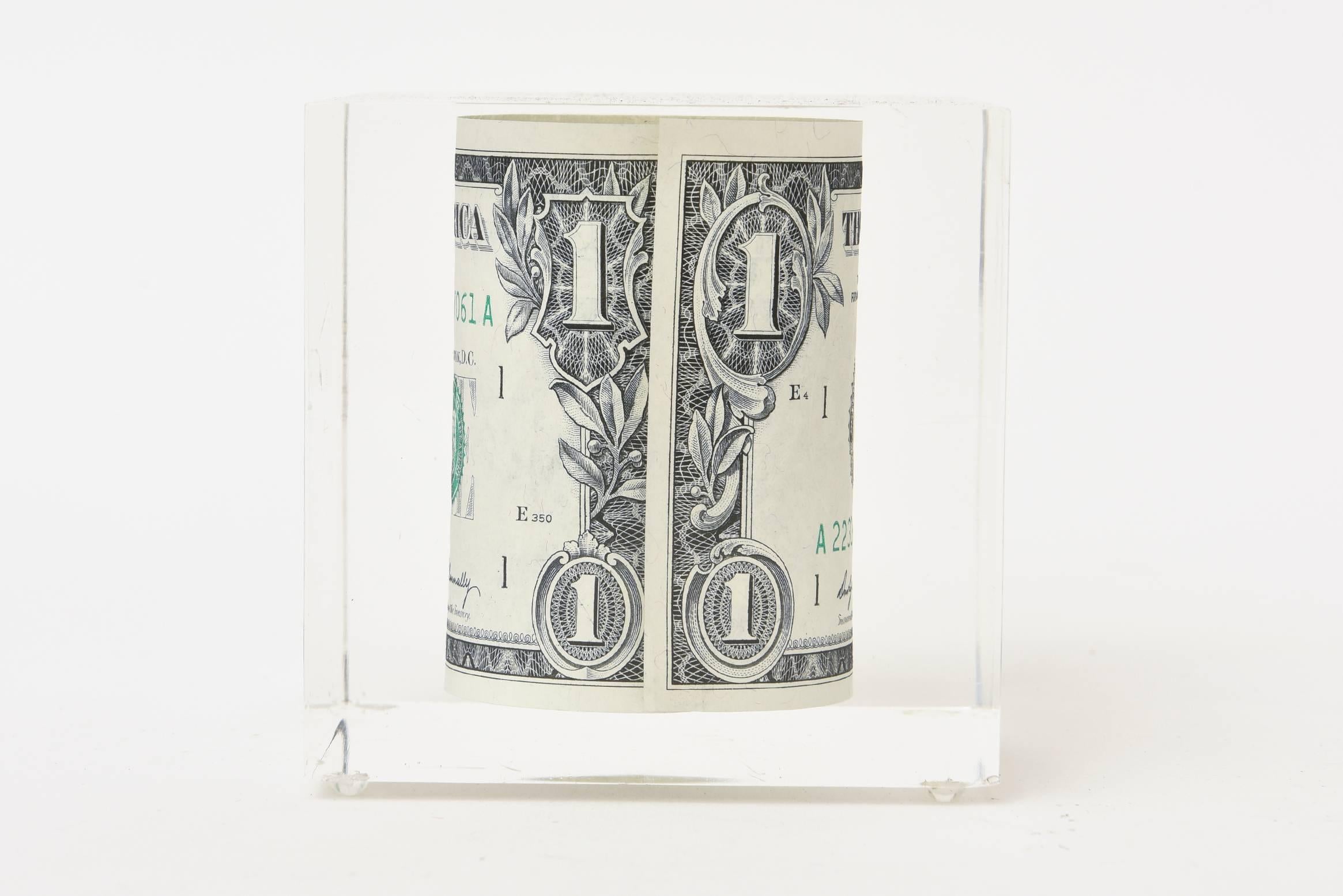 Modern Dollar Bill Lucite Sculpture Or Paperweight Vintage