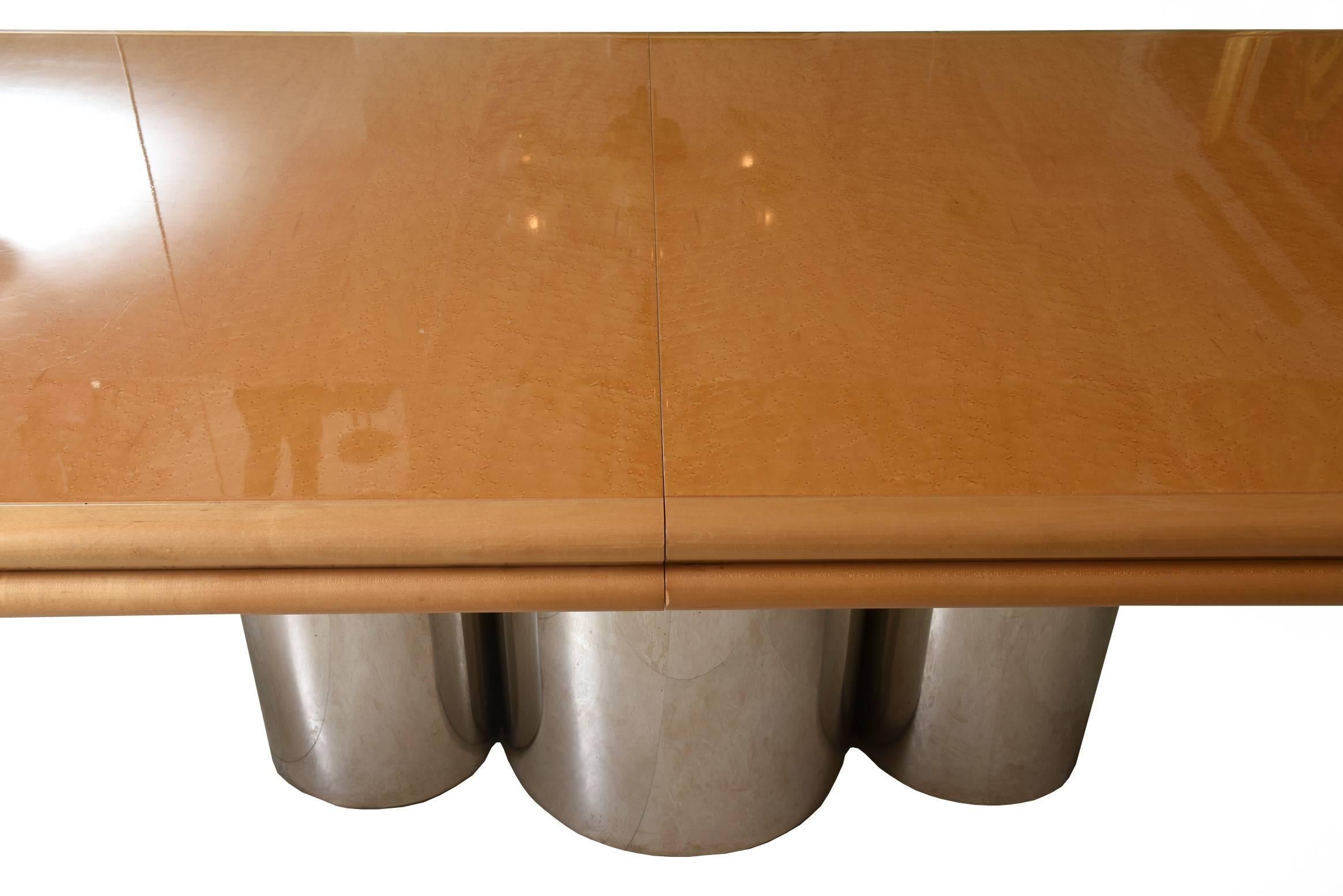 Modern Brueton Bird's-Eye Maple and Stainless Steel Radial Dining Table 