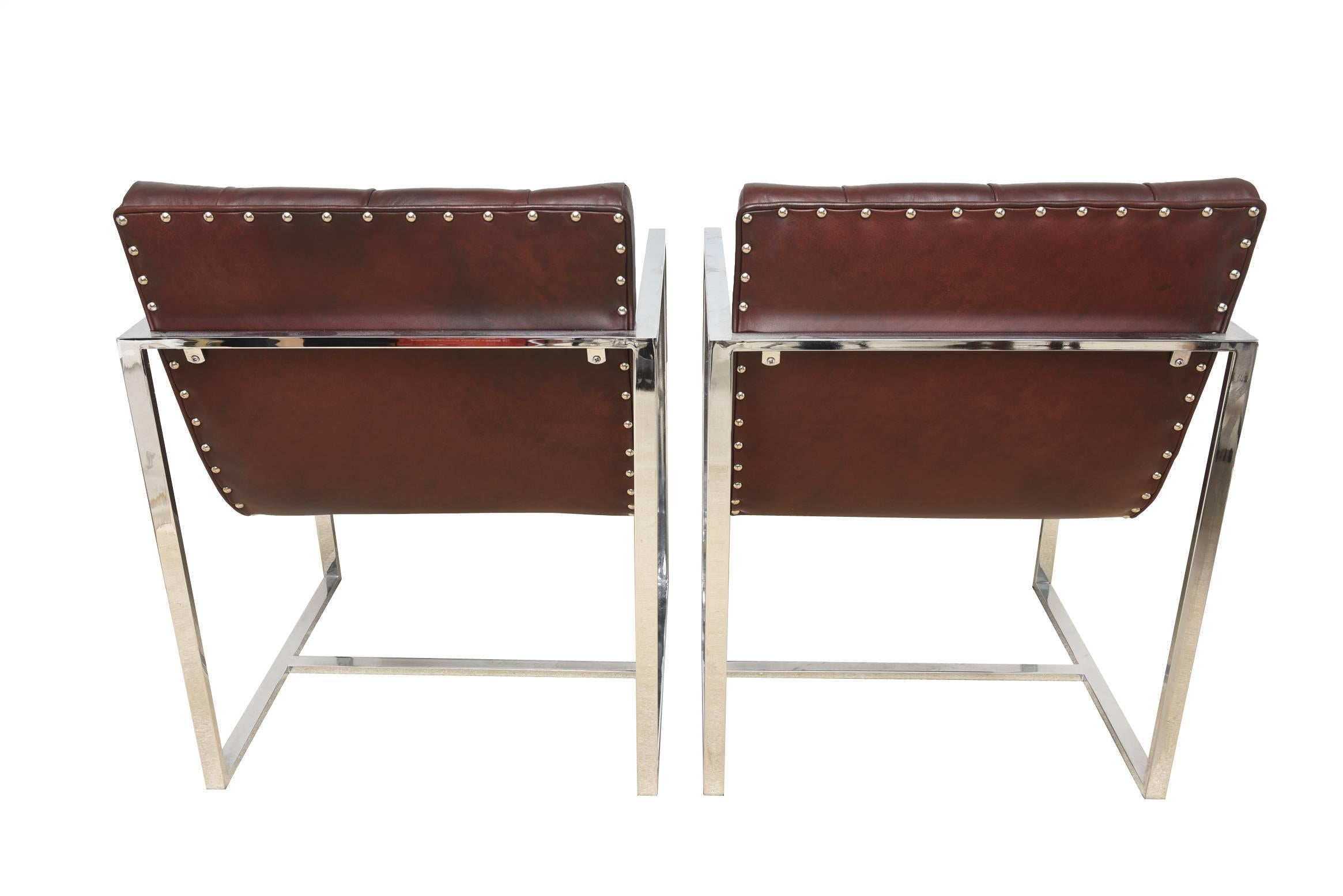 Modern Milo Baughman Attr. Burgundy Leather Tufted Chrome Cube Side Chairs Vintage Pair For Sale