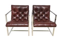 Vintage MIlo Baughman Attr. Burgundy Leather Tufted Chrome Cube Side Chairs Pair