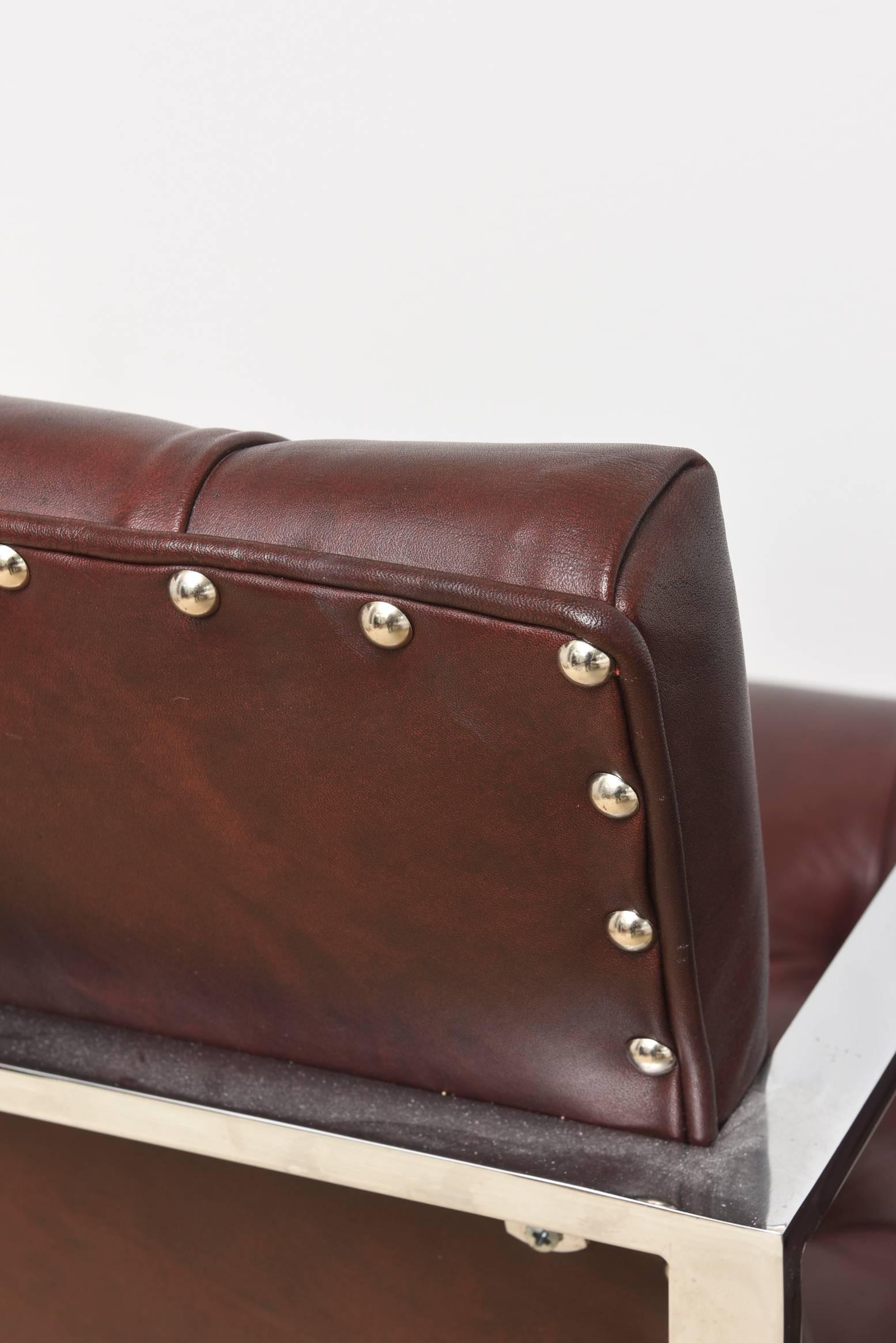 Late 20th Century Vintage MIlo Baughman Attr. Burgundy Leather Tufted Chrome Cube Side Chairs Pair For Sale