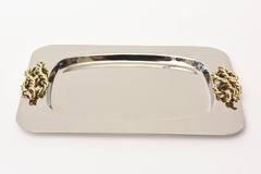 Signed Silver Plate and Polished Brass Rope Tray or Barware Tray