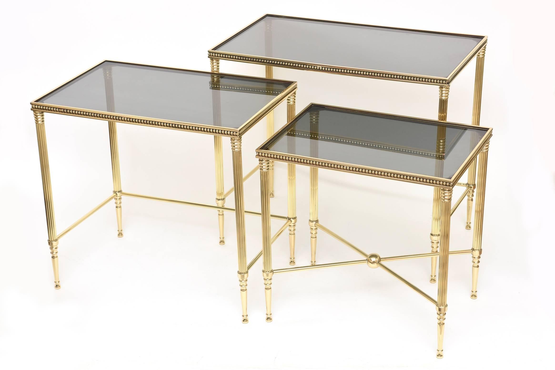 Mid-Century Modern Set of Three Mid-Century Italian Polished Brass and Glass Nesting Tables /SALE