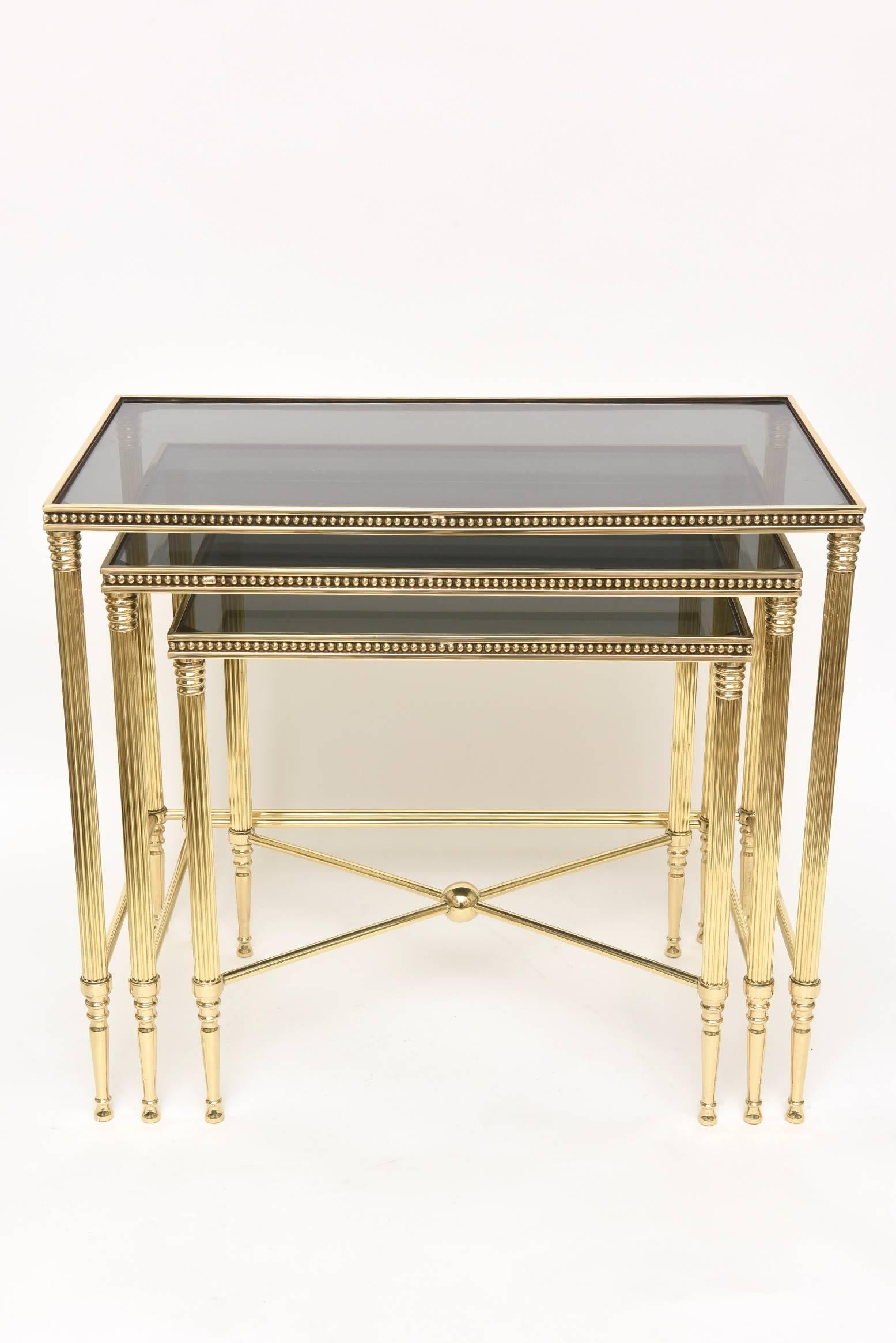 Set of Three Mid-Century Italian Polished Brass and Glass Nesting Tables /SALE In Excellent Condition In North Miami, FL