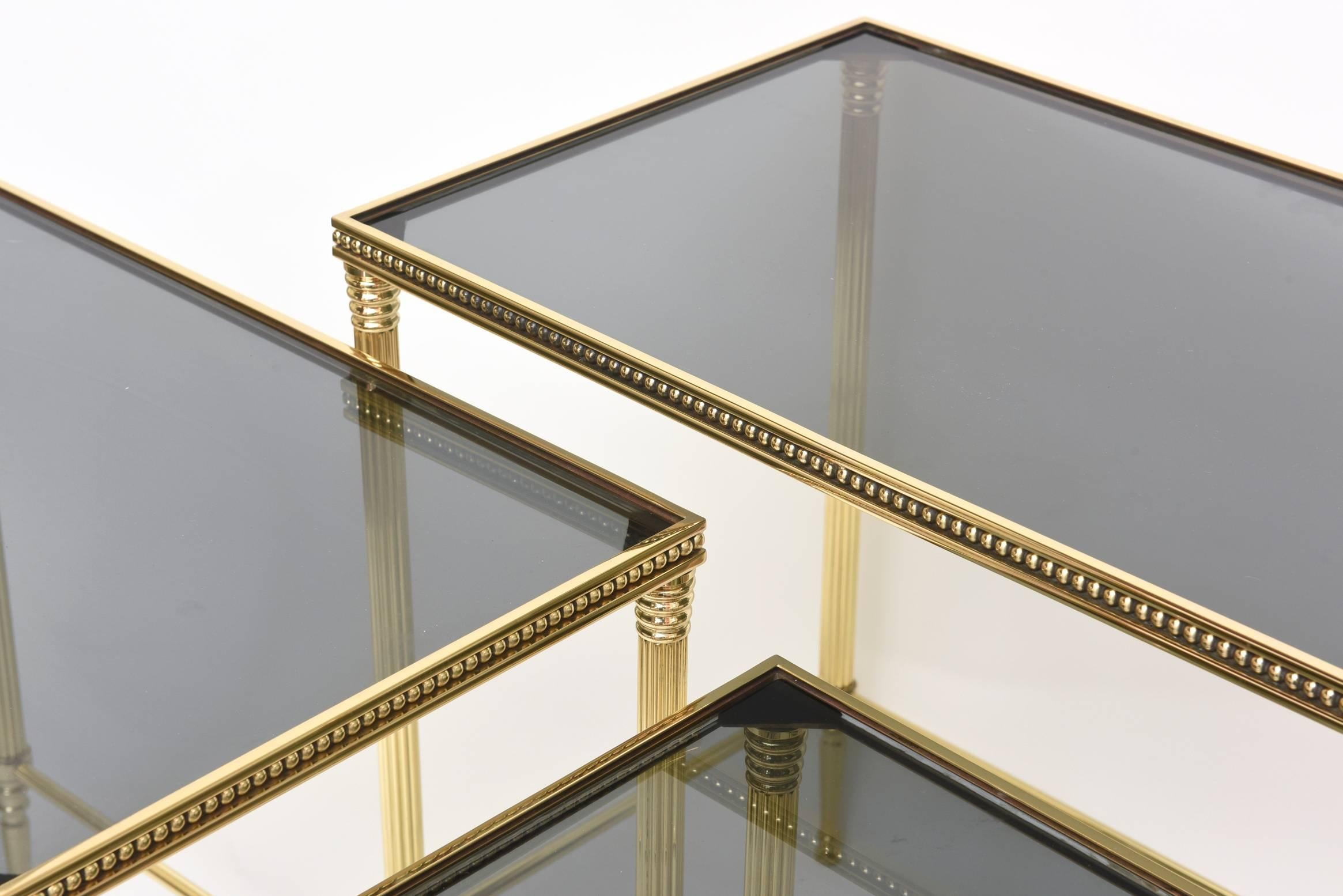 Set of Three Mid-Century Italian Polished Brass and Glass Nesting Tables /SALE 4