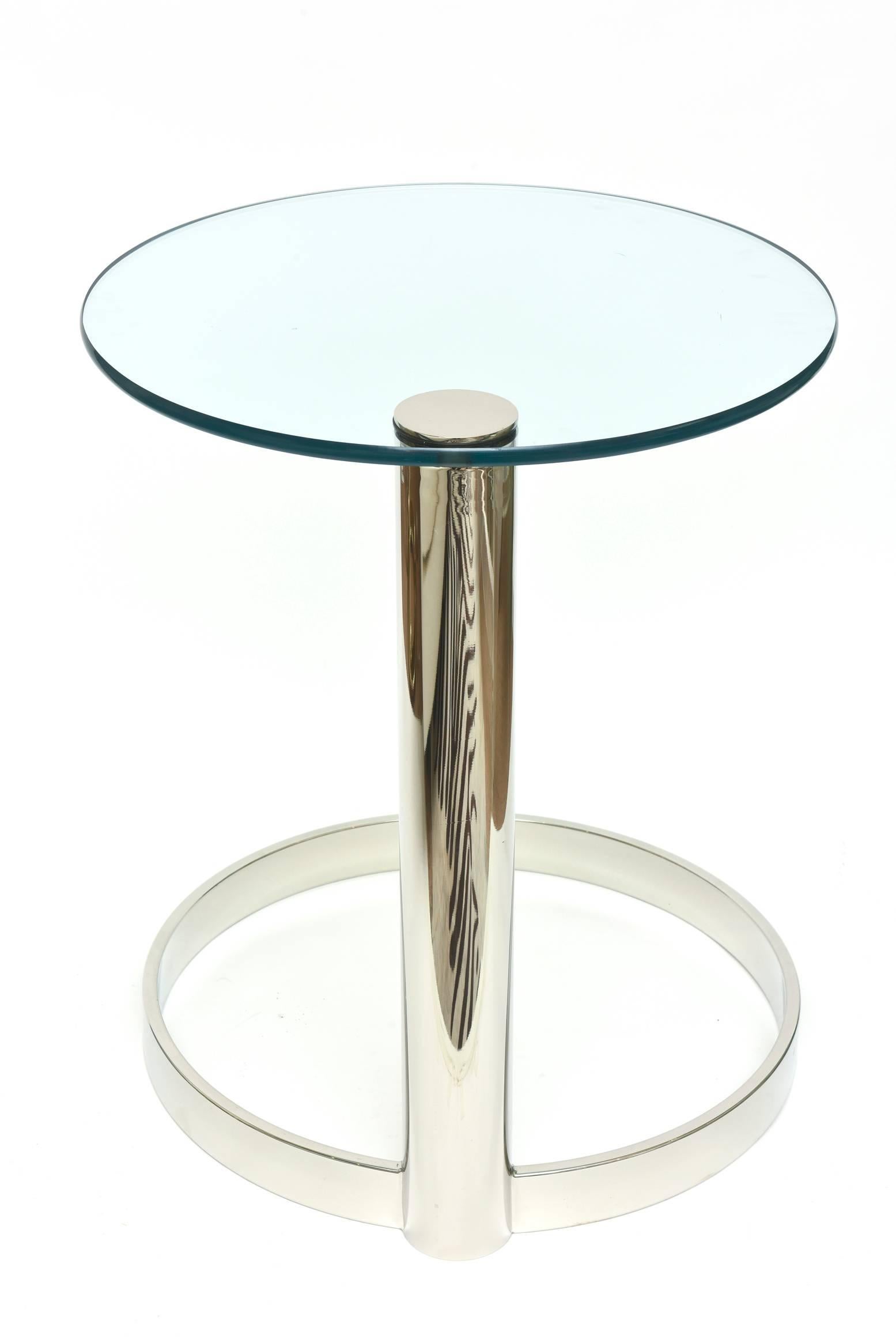Pace Modern Nickel Silver and Glass Round Sculptural Cantilver Side Table  3