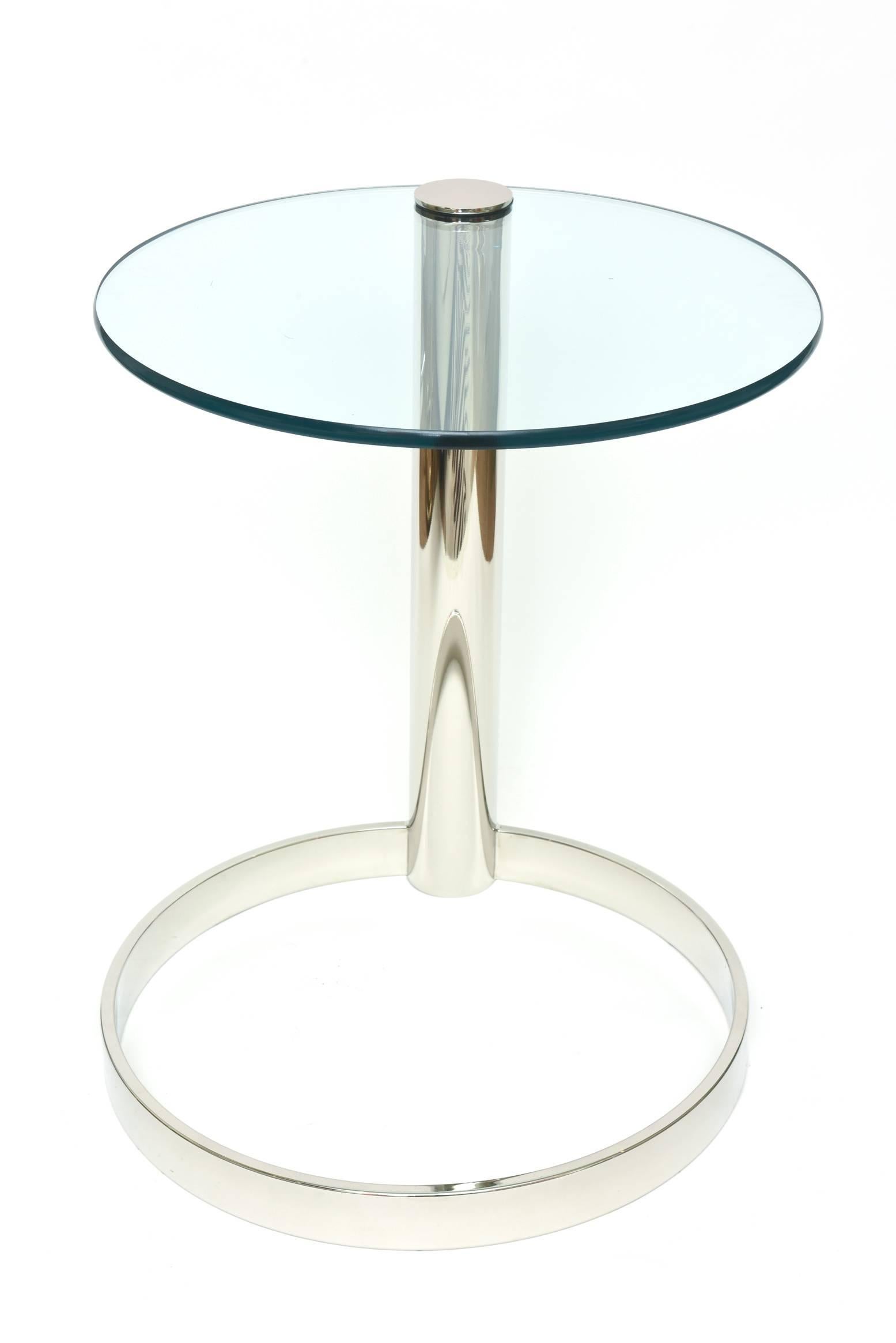 Brass Pace Modern Nickel Silver and Glass Round Sculptural Cantilver Side Table 