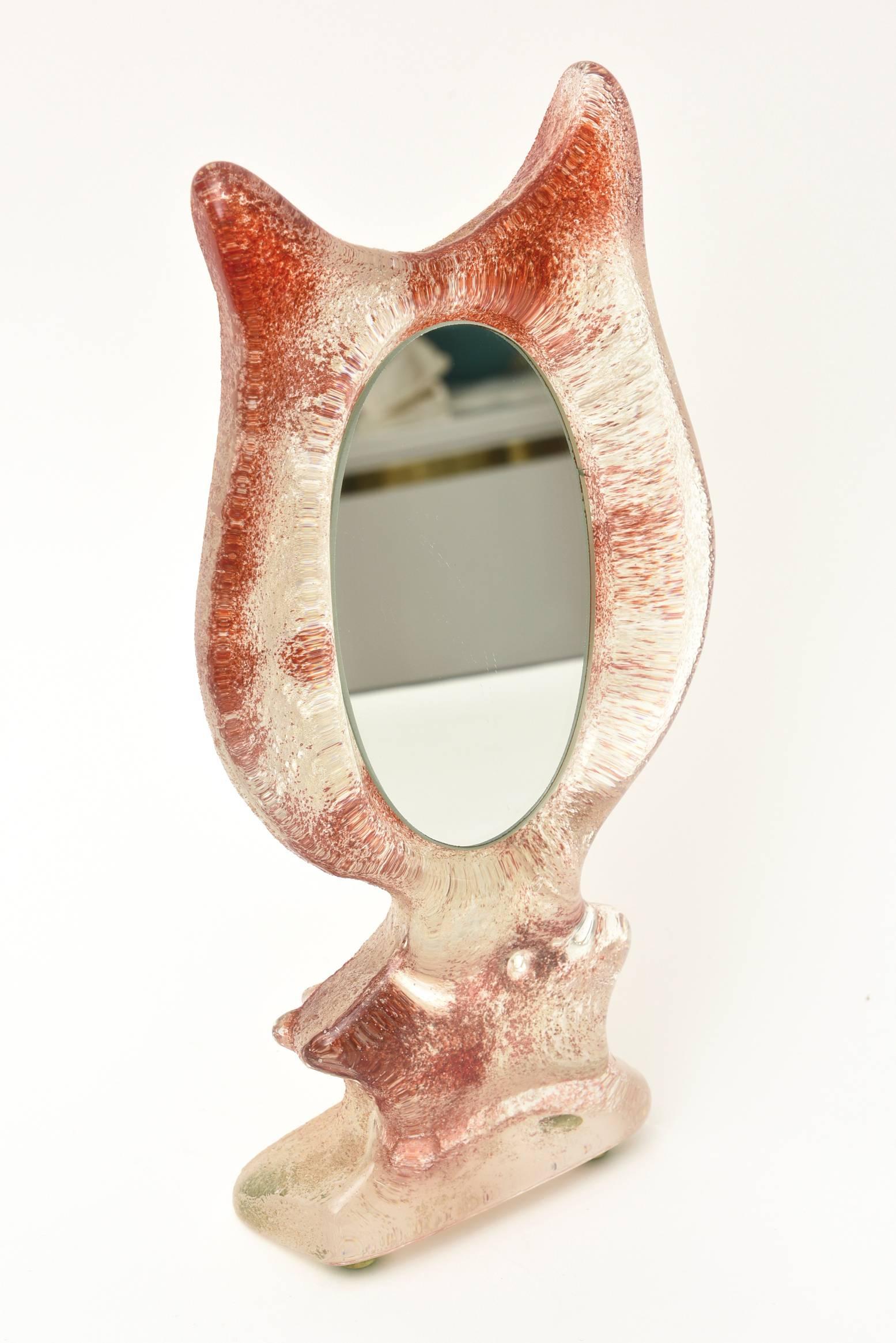 Modern Kosta Boda Attributed Orange Red Sandblasted Glass Sculptural Tabletop Mirror For Sale