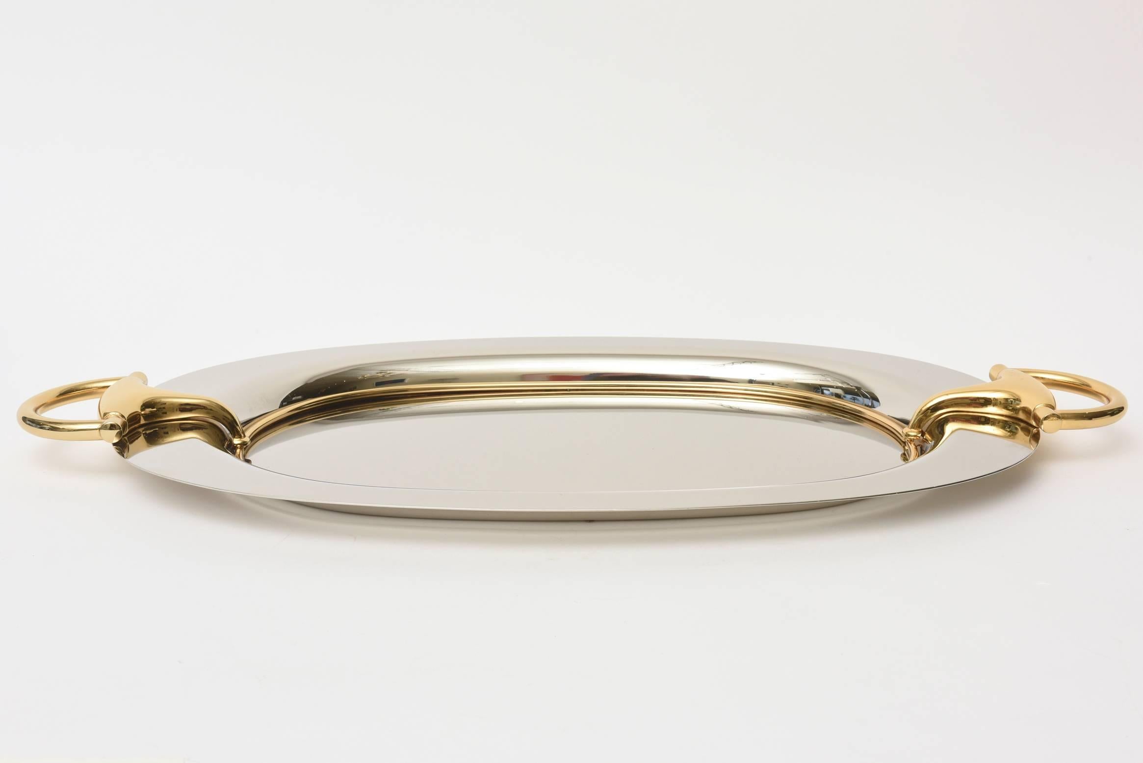 Modern Gucci Rare Vintage Silver Plate, Brass Horse Bit Oval Tray with Handles Barware For Sale