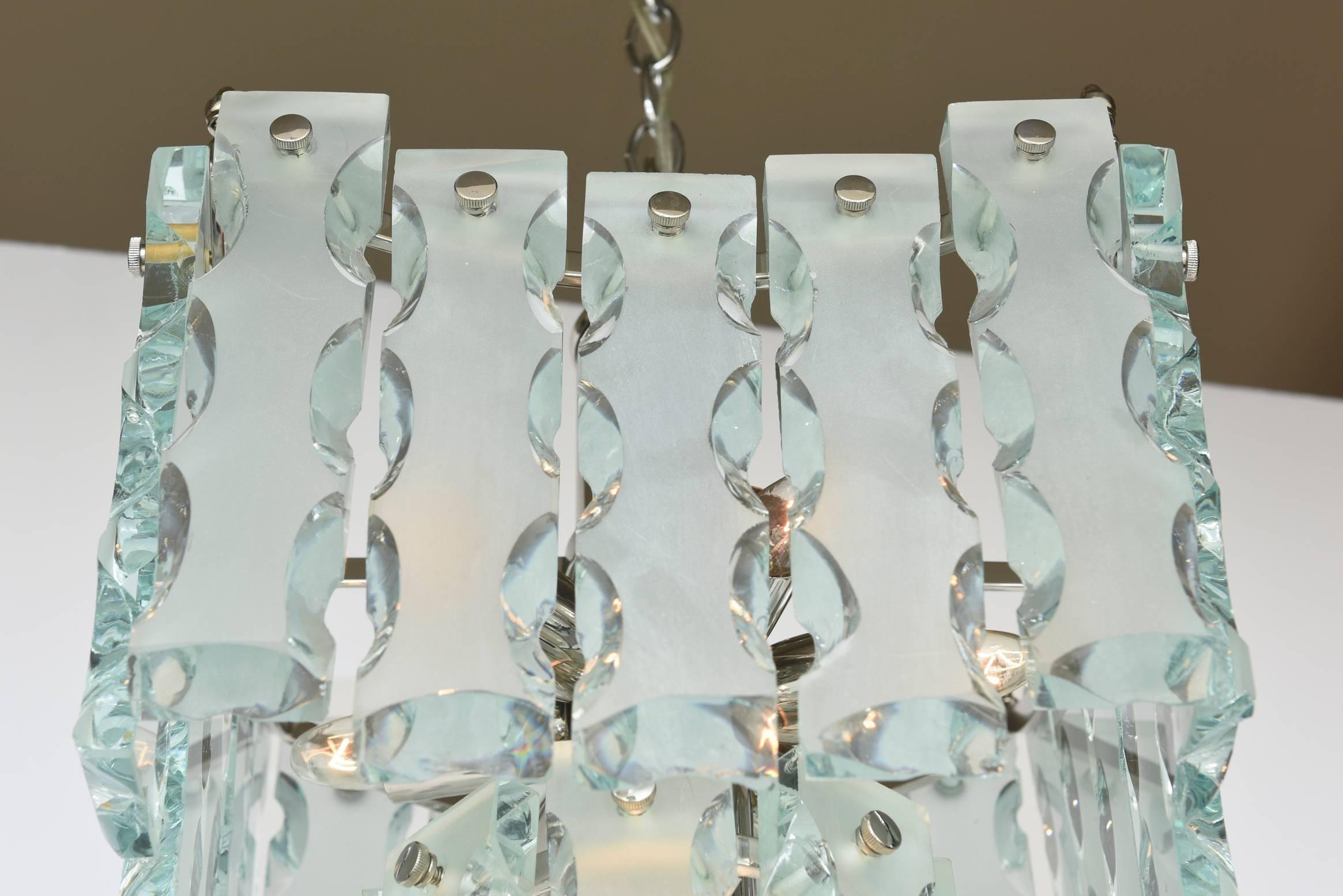 Mid-20th Century  Murano Fontana Arte Attributed to Etched Glass Pendant Chandelier Vintage For Sale
