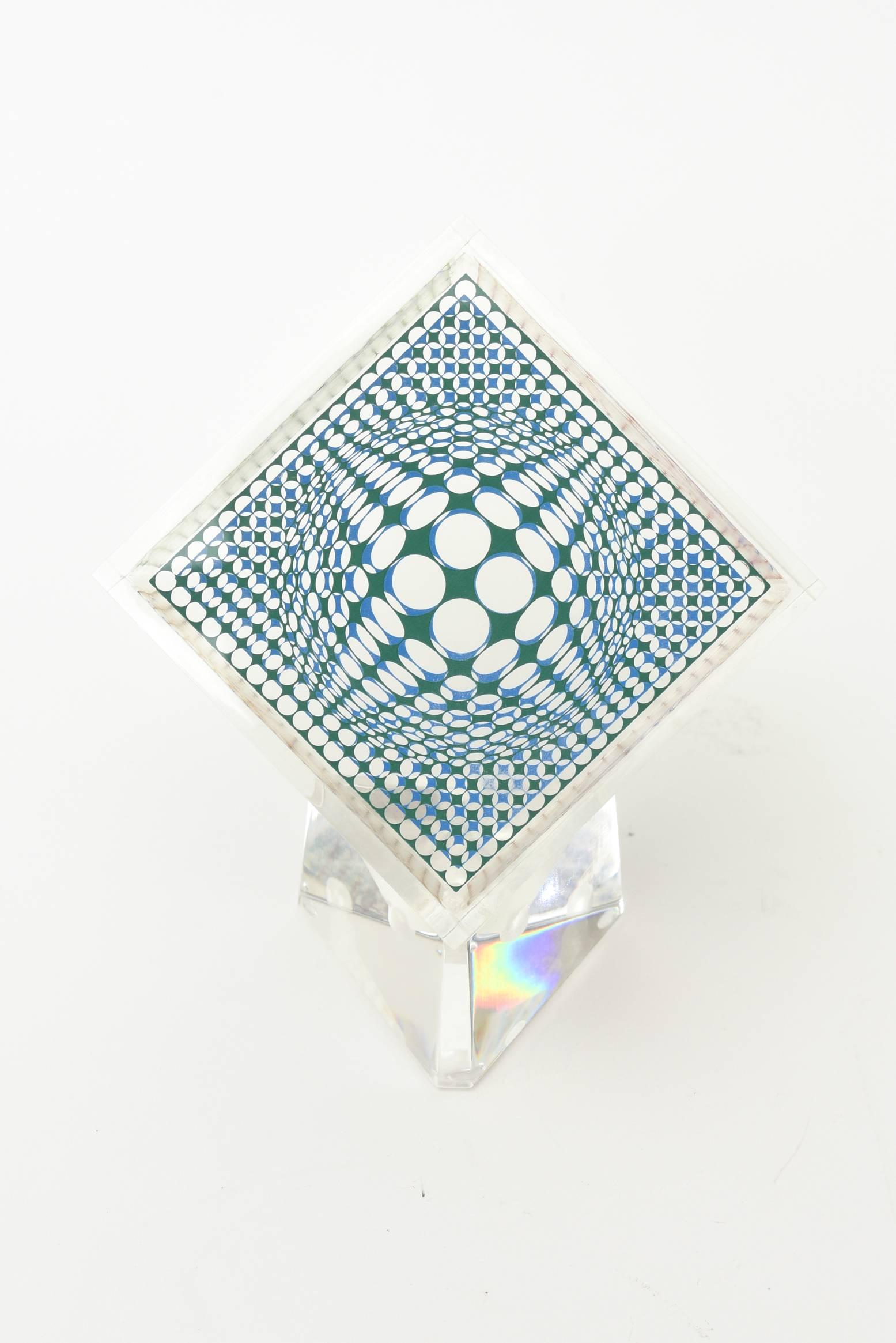 Modern Victor Vasarely Op Art Graphic Lucite Cube Sculpture / SAT. SALE