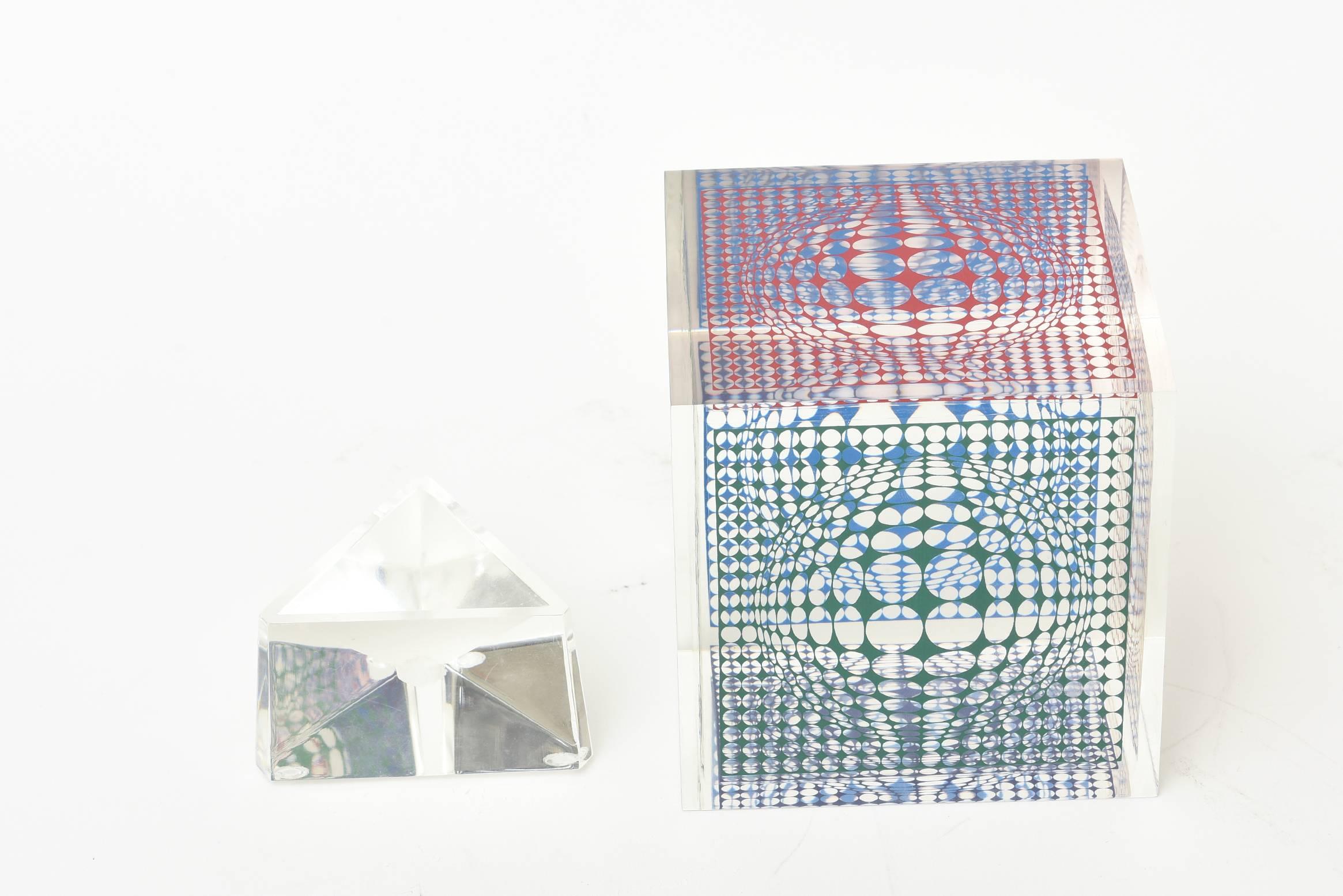 Victor Vasarely Op Art Graphic Lucite Cube Sculpture / SAT. SALE 1