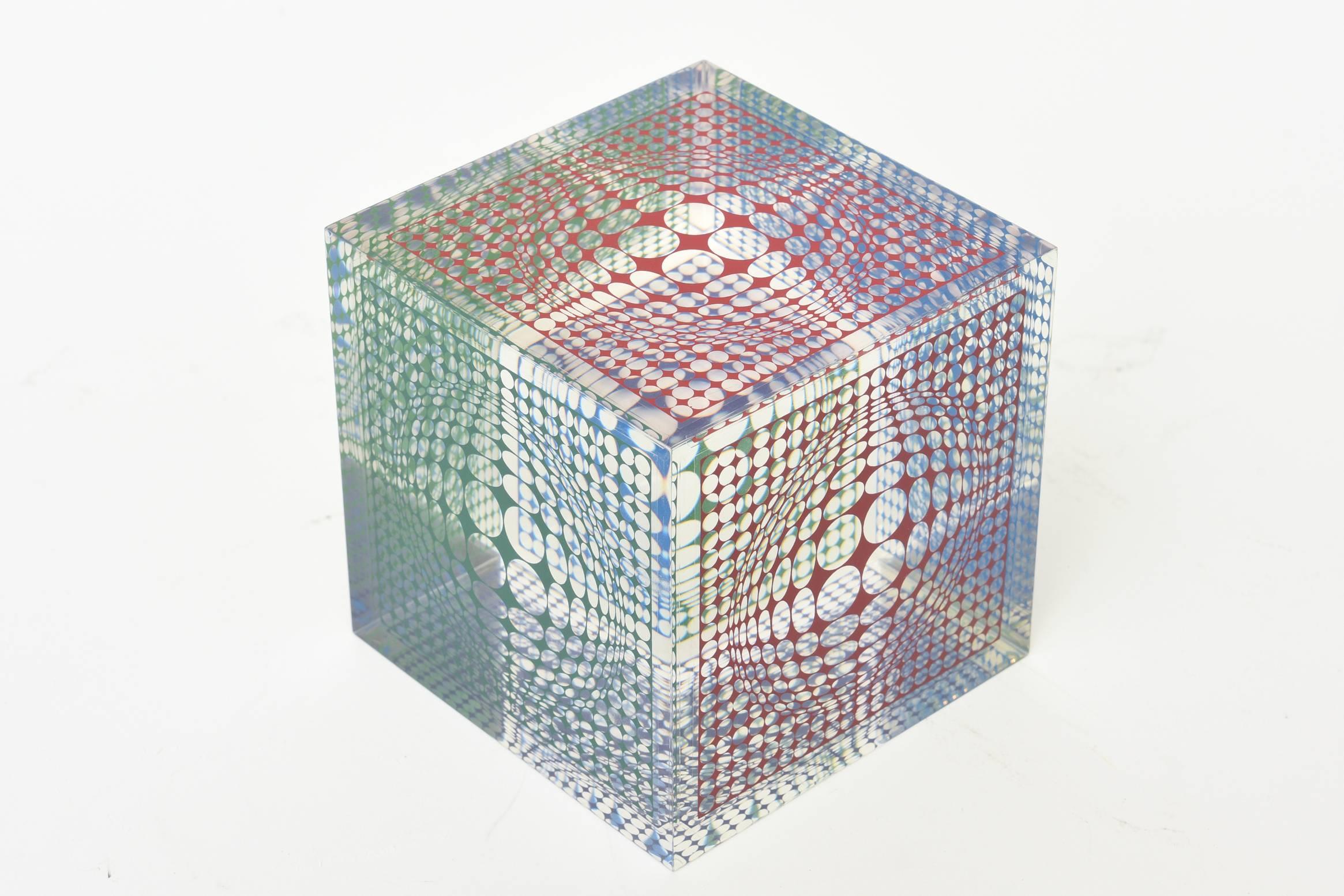Hungarian Victor Vasarely Op Art Graphic Lucite Cube Sculpture / SAT. SALE