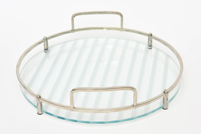 Etched Glass Vintage Serving Tray with Chrome/ Barware at 1stDibs