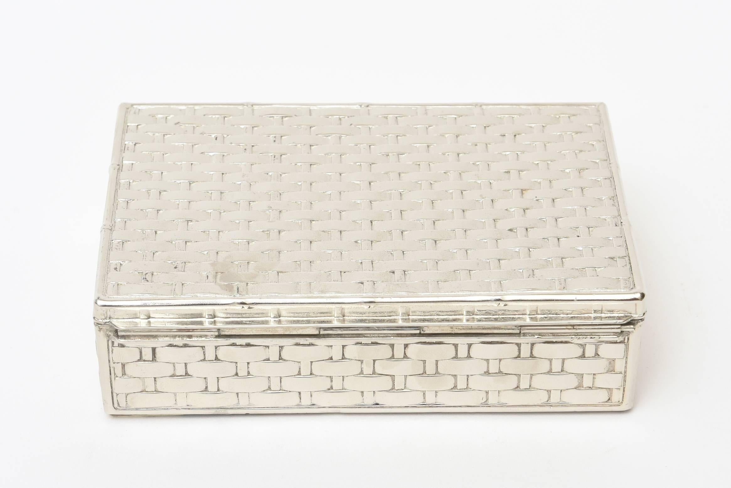 Modern French Silver Plate Marcel Rochas Basket Weave Textural Hinged Box 