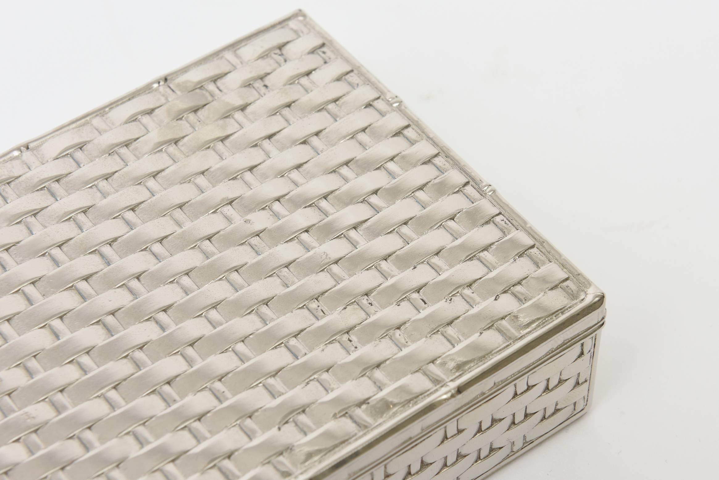 French Silver Plate Marcel Rochas Basket Weave Textural Hinged Box  In Excellent Condition In North Miami, FL