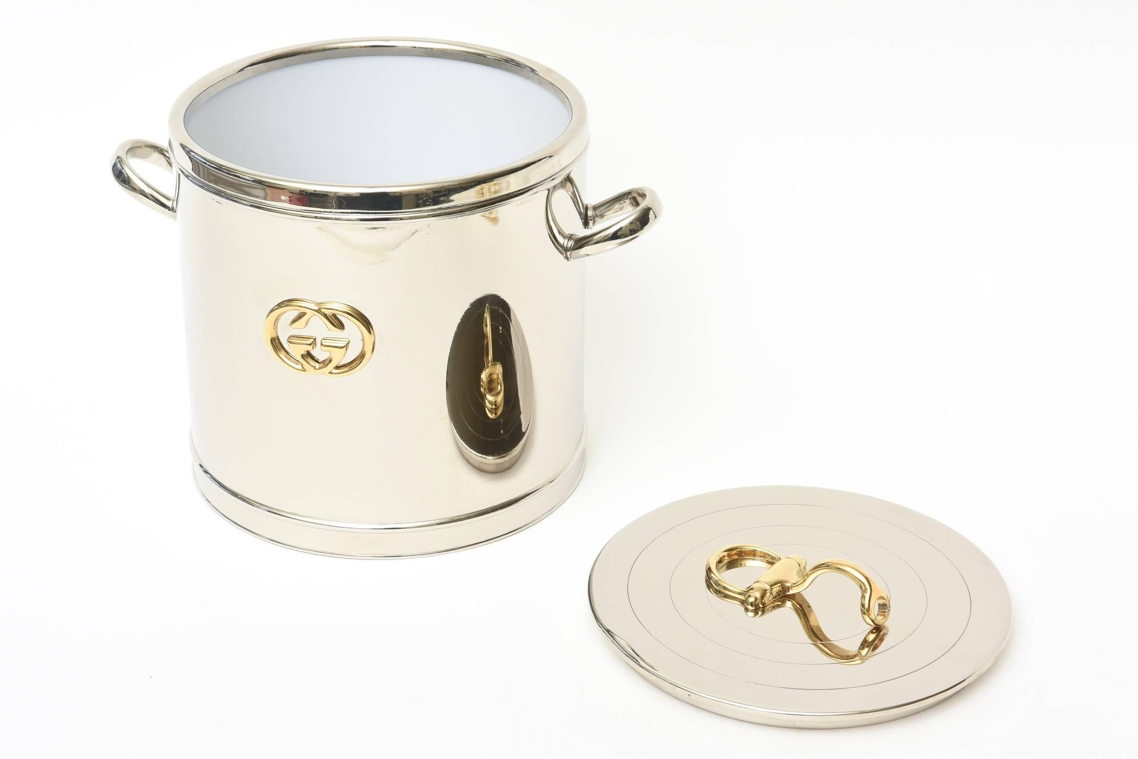 Italian Vintage Gucci 22-Karat Gold Plate & Silver Plate Ice Bucket /Barware  1