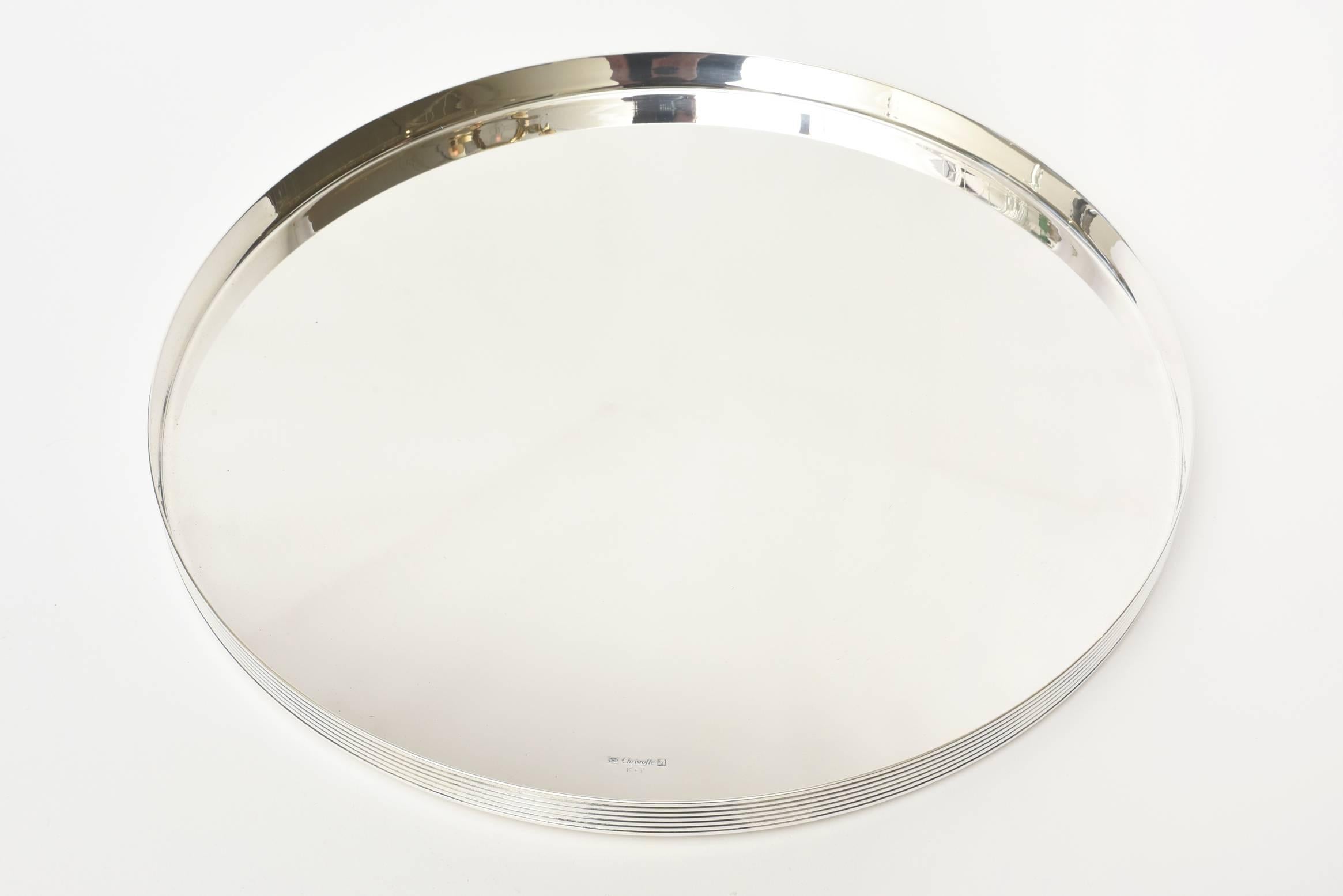 Mid-Century Modern Christofle Silver Plate Round Tray Vintage Barware