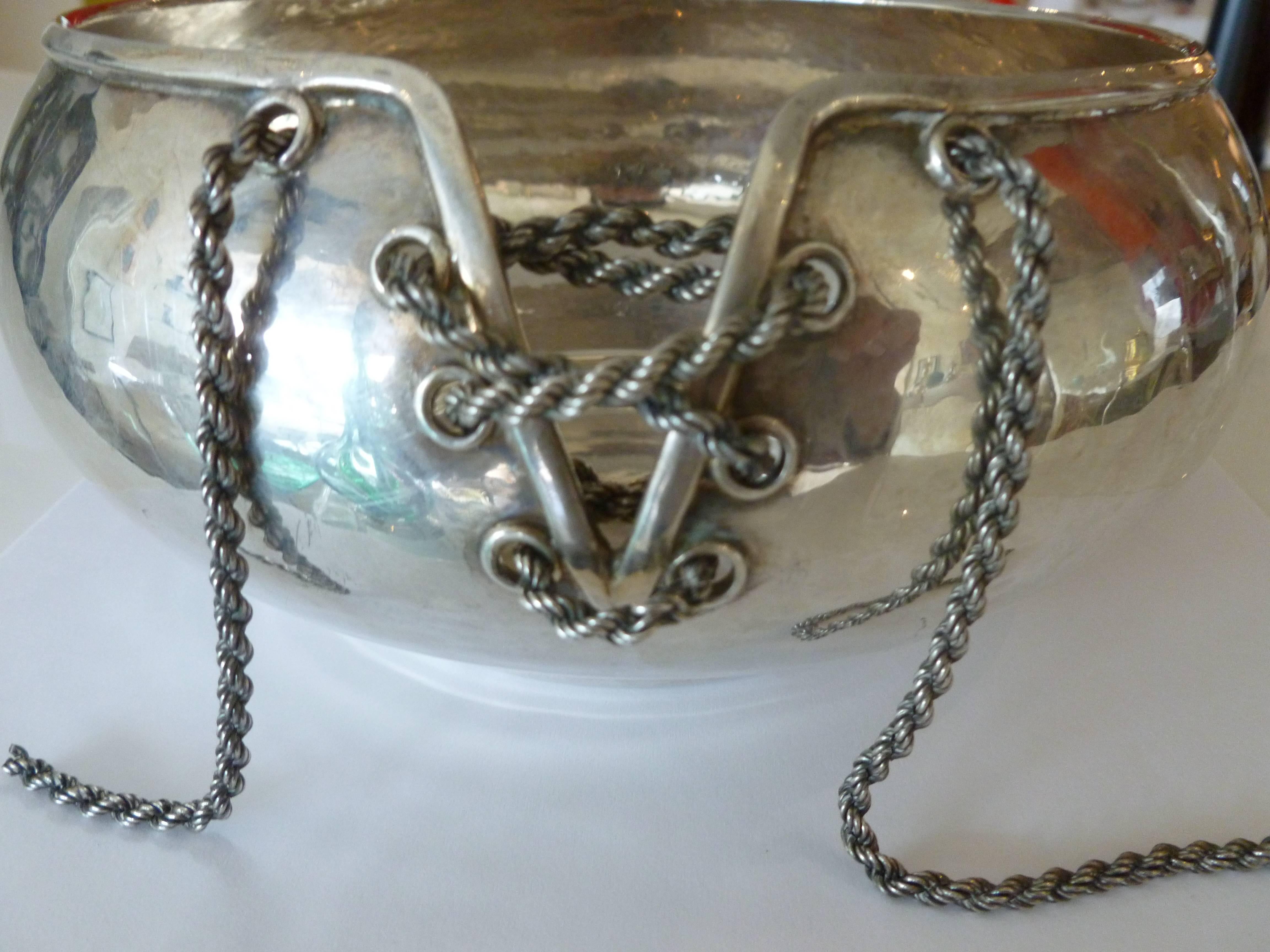 Modern Italian Hand-Forged Corset Chain Sterling Silver Bowl 