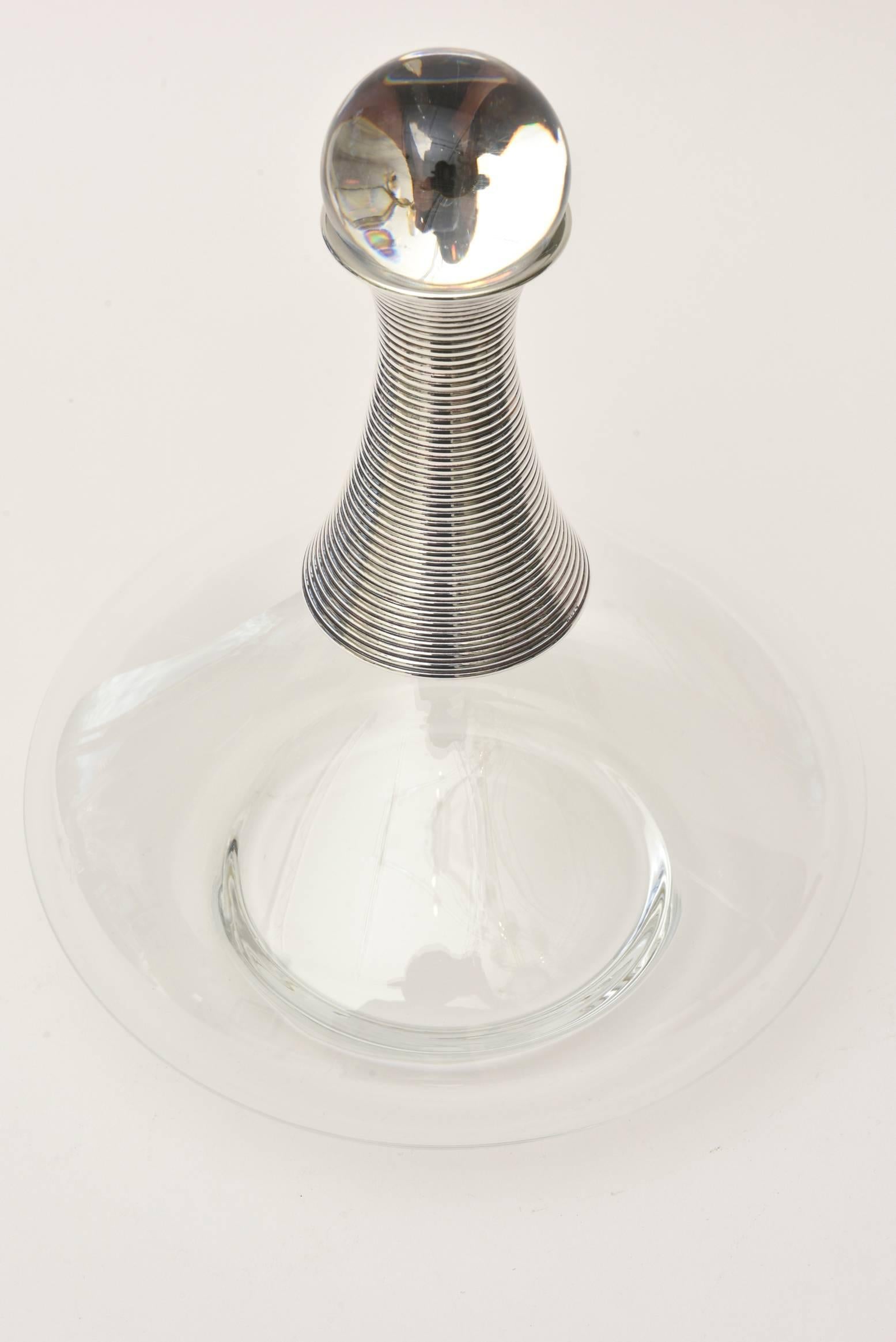 Mid-Century Modern Modernist and Sculptural Glass Decanter with Silver Plate/ Barware
