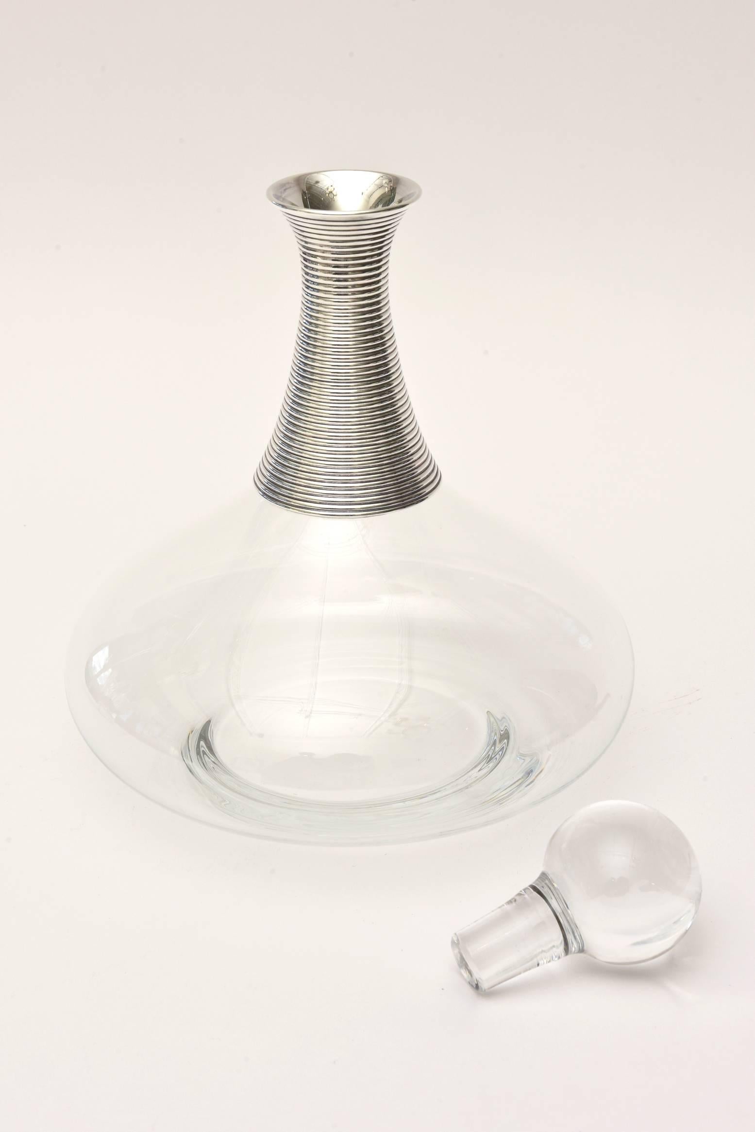 Mid-20th Century Modernist and Sculptural Glass Decanter with Silver Plate/ Barware