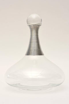 Modernist and Sculptural Glass Decanter with Silver Plate/ Barware