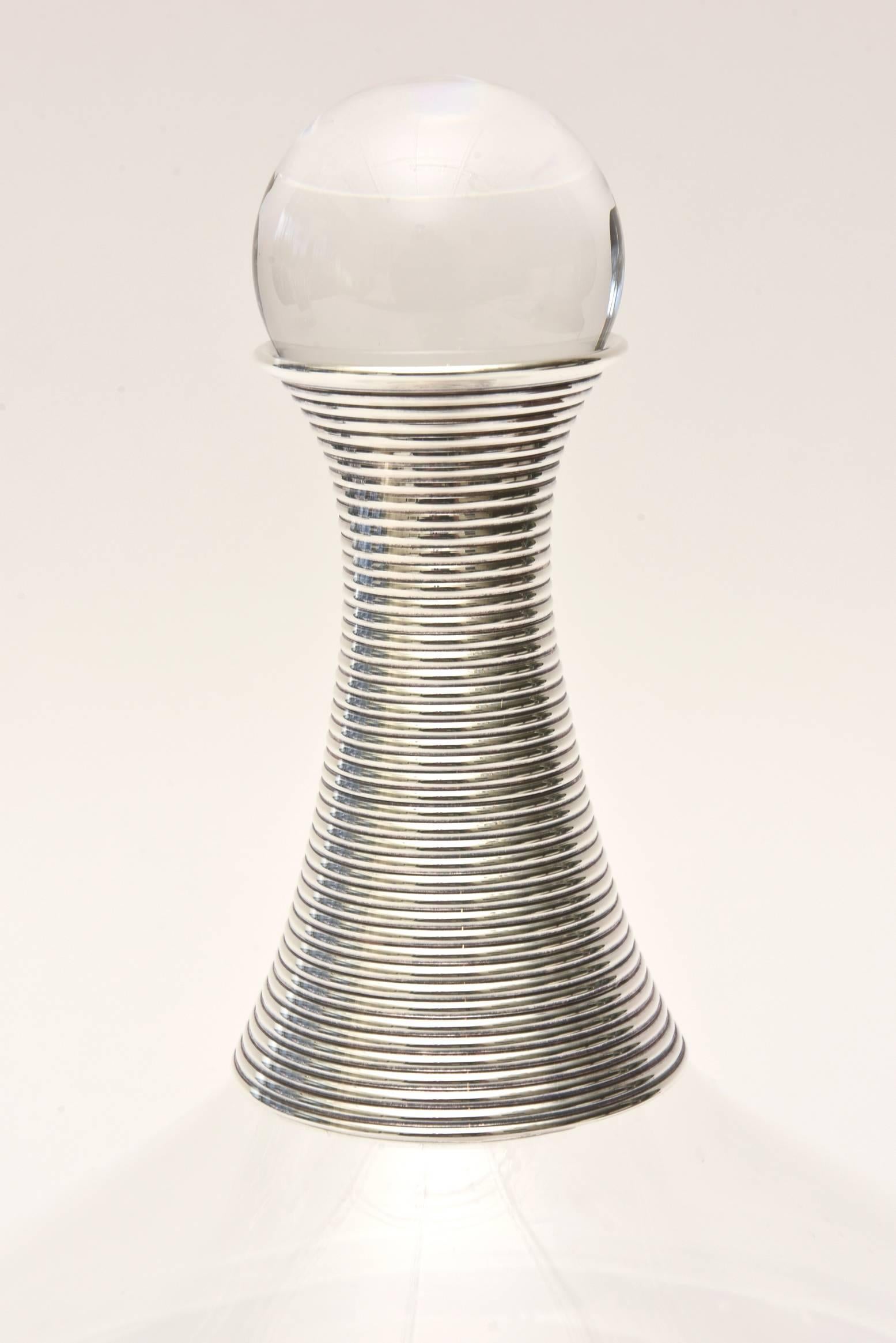 Modernist and Sculptural Glass Decanter with Silver Plate/ Barware In Excellent Condition In North Miami, FL