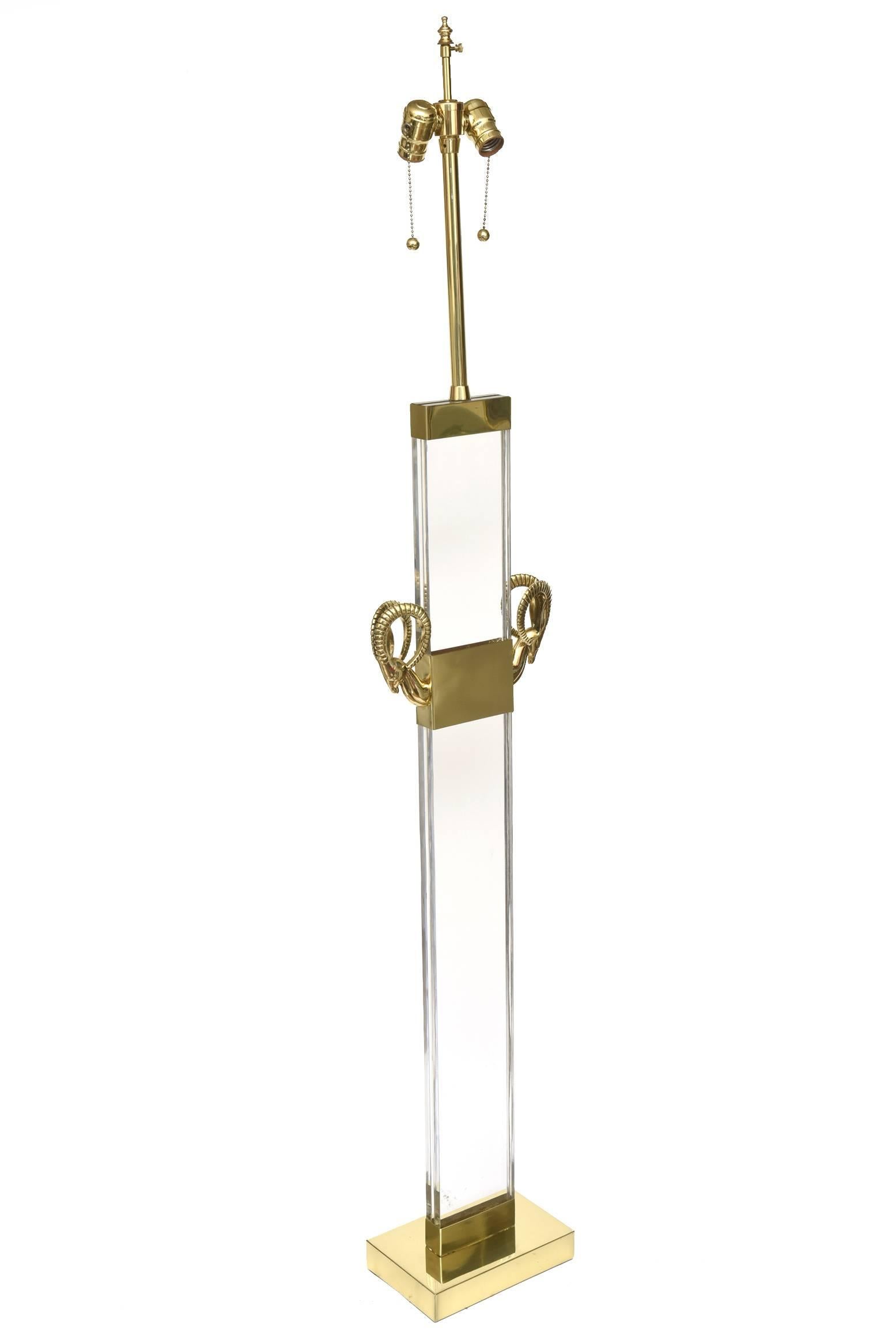 Modern Vintage Lucite and Brass Ram's Head Regency Style Column Floor Lamp  For Sale