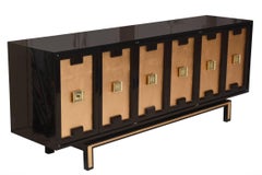Lacquered Indigo Wood, Gold Leaf and Brass Cabinet, Credenza or Buffet Vintage