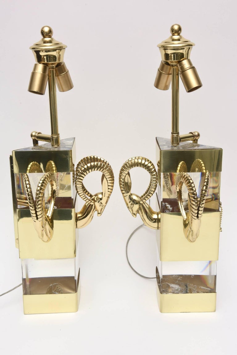 Late 20th Century Lucite and Brass Ram's Head Hollywood Regency Style Wall Sconces Vintage Pair Of For Sale